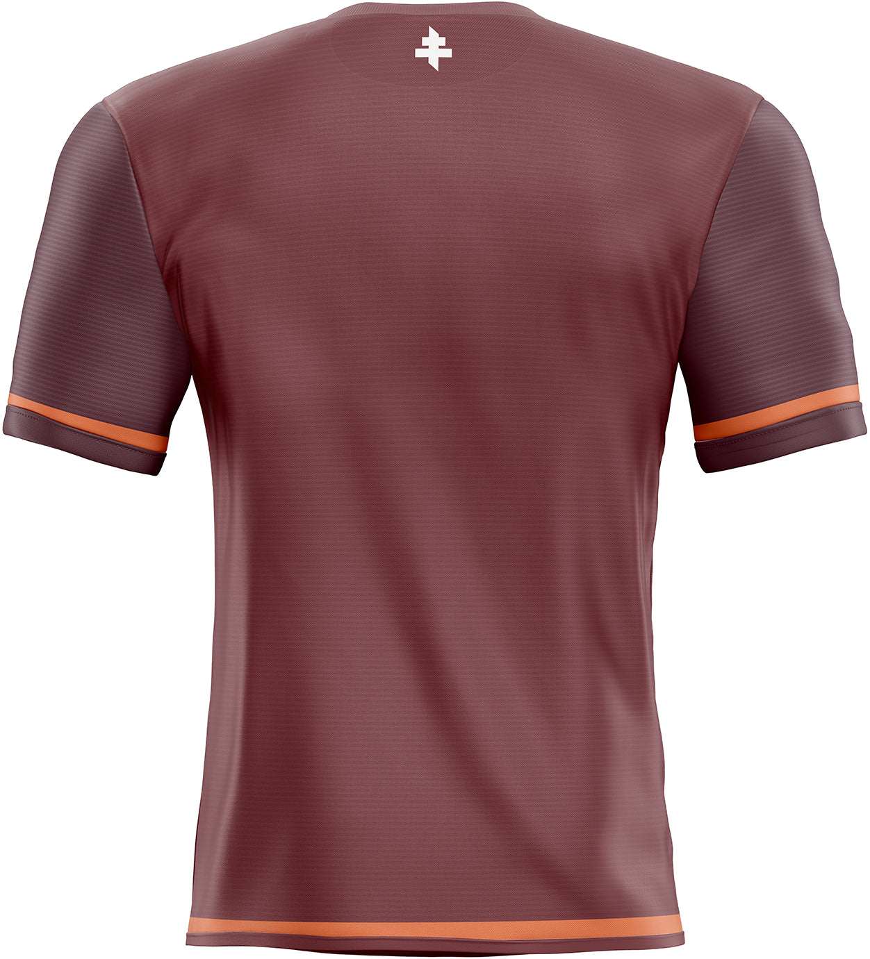 T-shirt Ă manches courtes marron avec bordures orange.