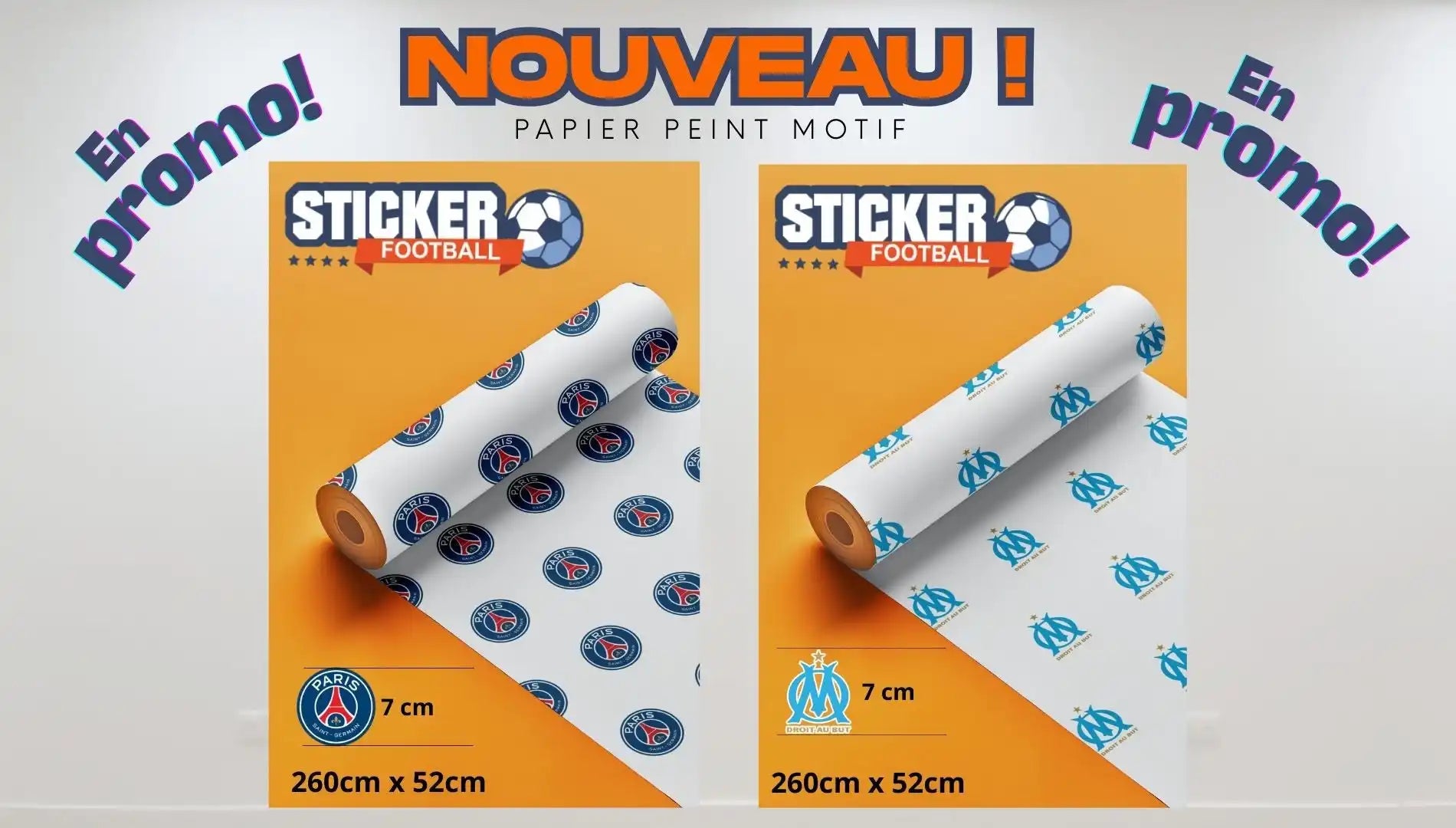 Deux rouleaux de papier peint à motifs avec des logos de clubs de football.