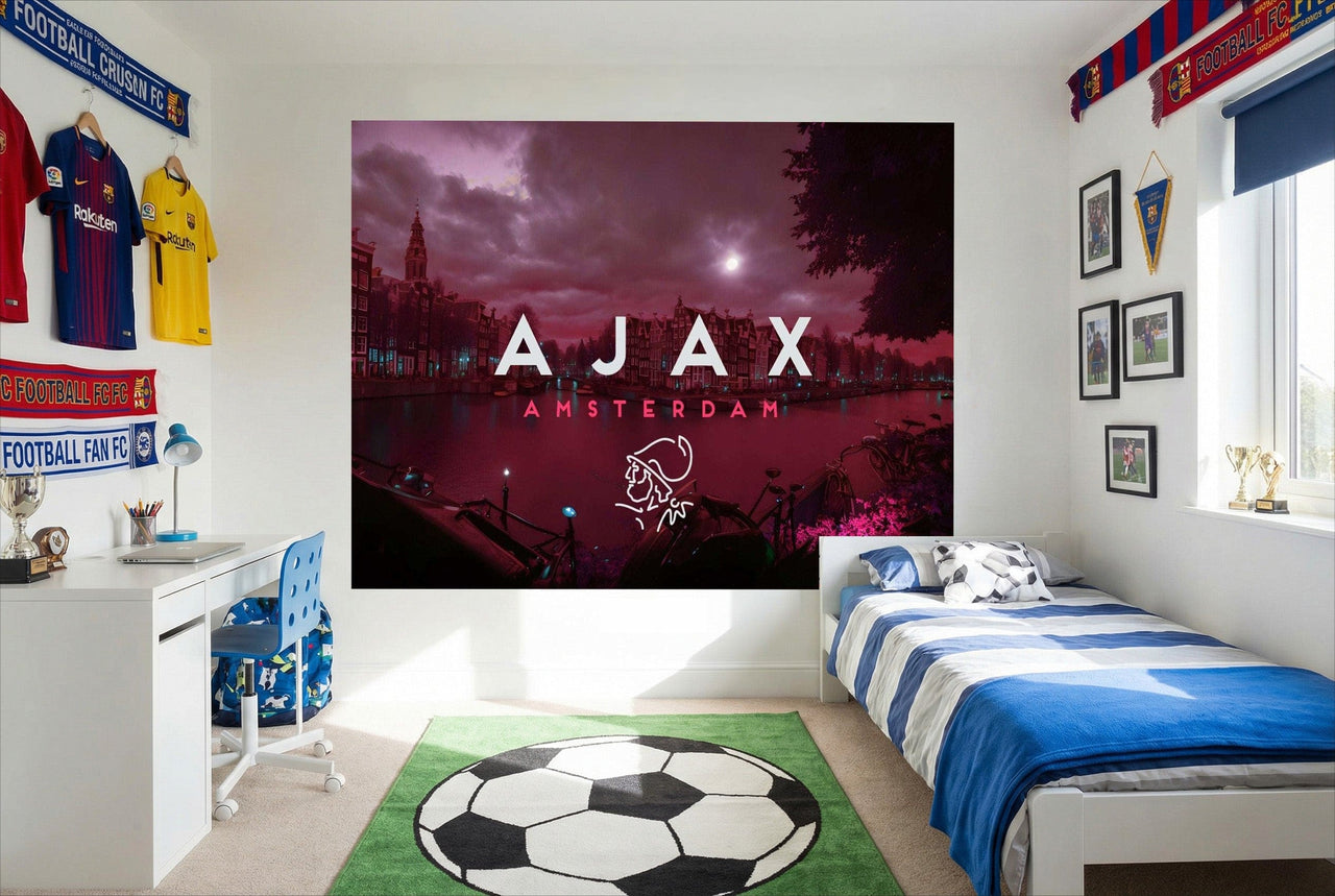 Papier peint ajax amsterdam vibrant violet et rose avec logo du club et lettrage blanc pour passion football