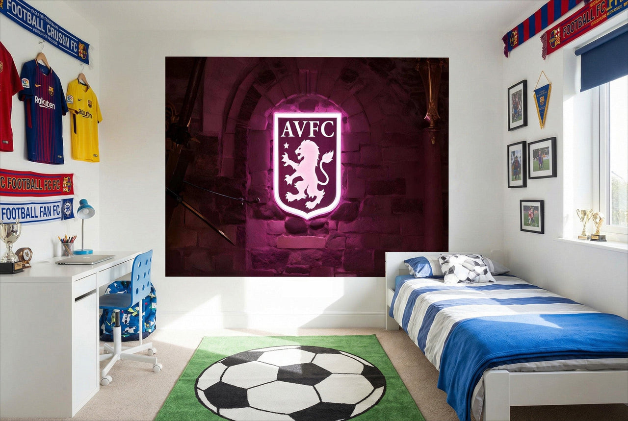 Papier peint aston villa avec un blason neon rose vif sur fond mur pierre violet foncé pour décor football