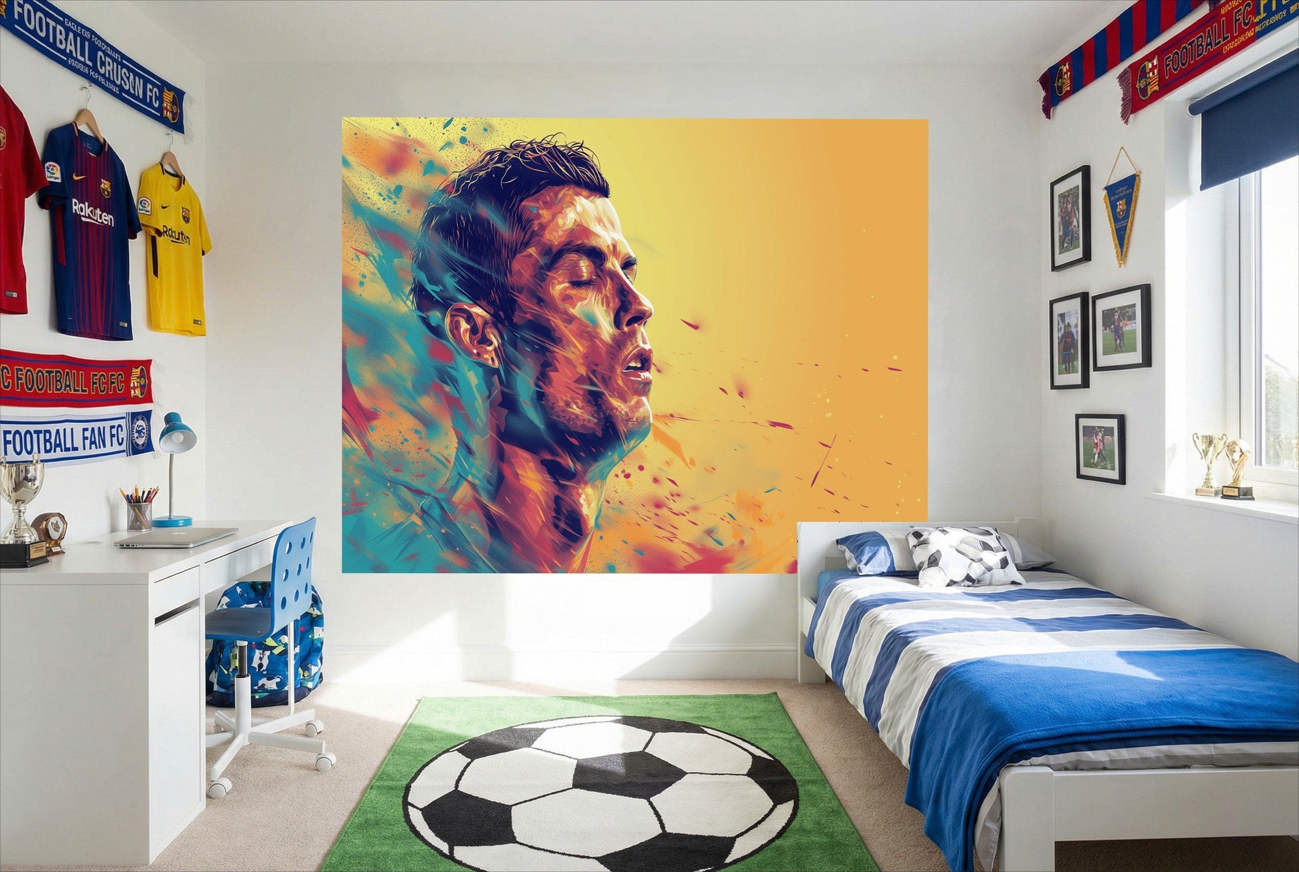 Papier peint cristiano ronaldo passion soccer avec portrait abstrait vibrant en profil sur grande fresque murale
