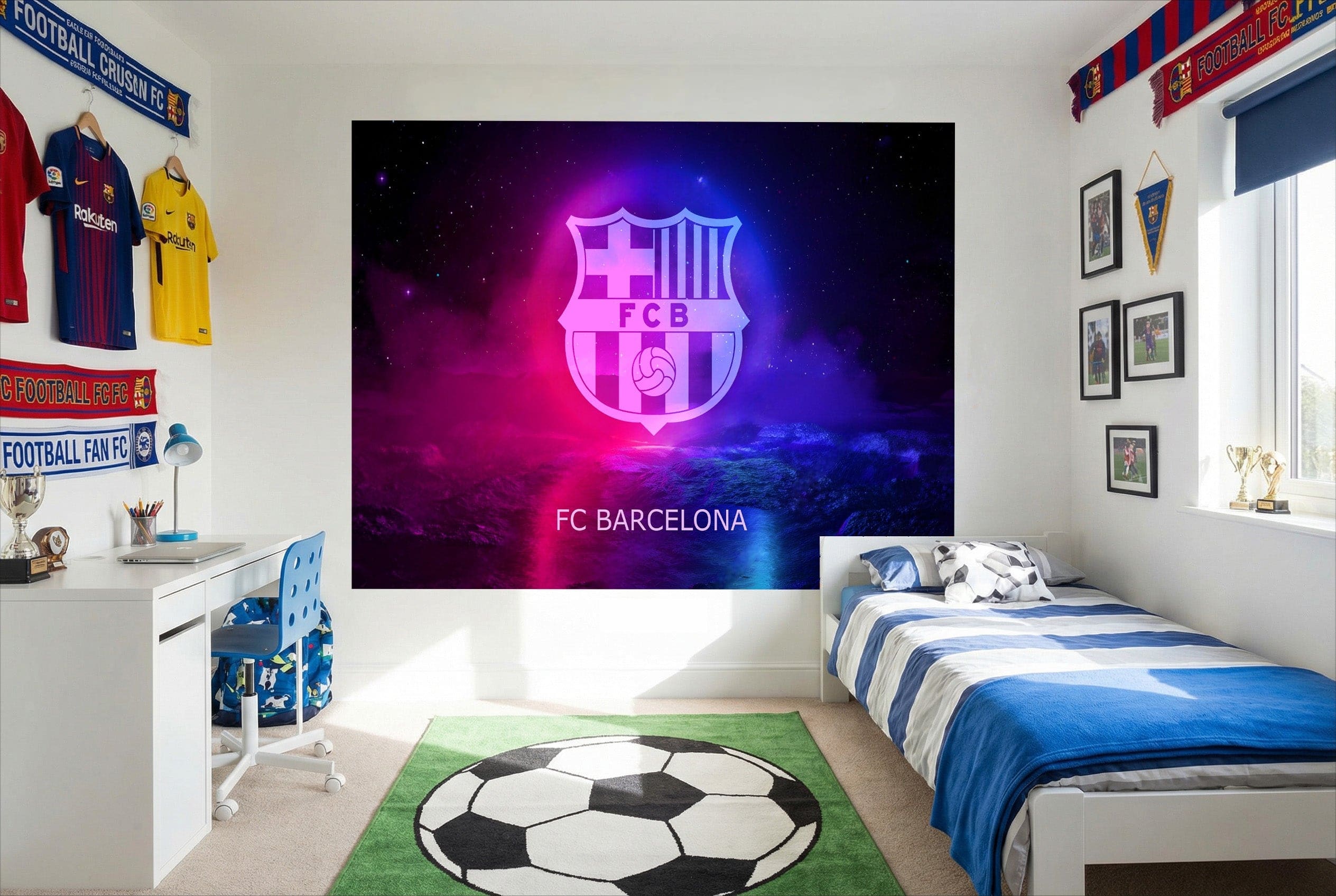 Papier peint fc barcelona esprit sportif avec logo lumineux et dégradé cosmique violet et bleu ideal pour football