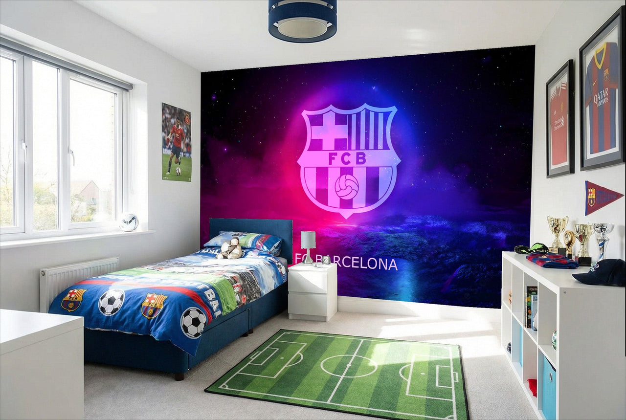 Papier peint fc barcelona esprit sportif avec logo fc barcelona lumineux violet et bleu sur fond galaxie cosmique