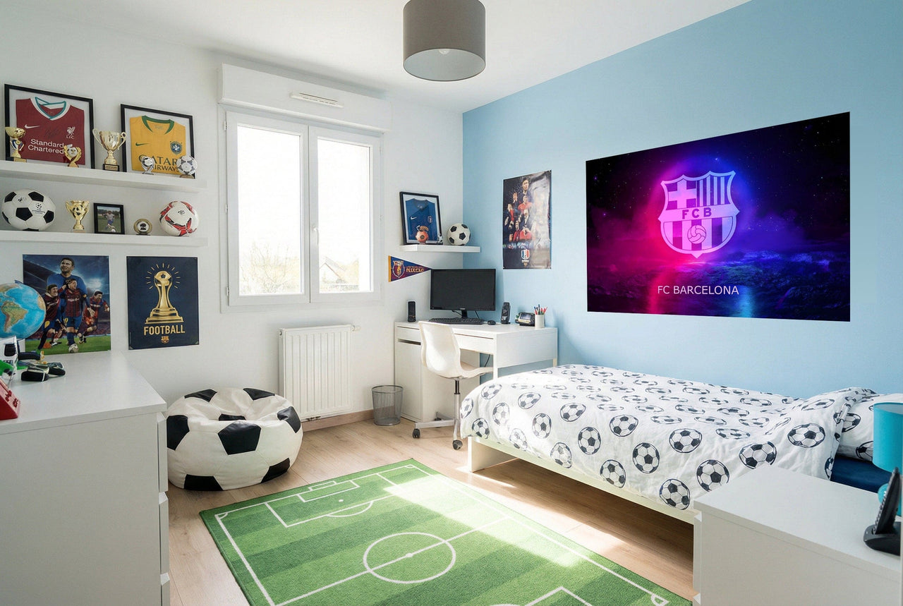Papier peint fc barcelona esprit sportif avec logo vibrant violet et rose affiché sur écran mural grand format