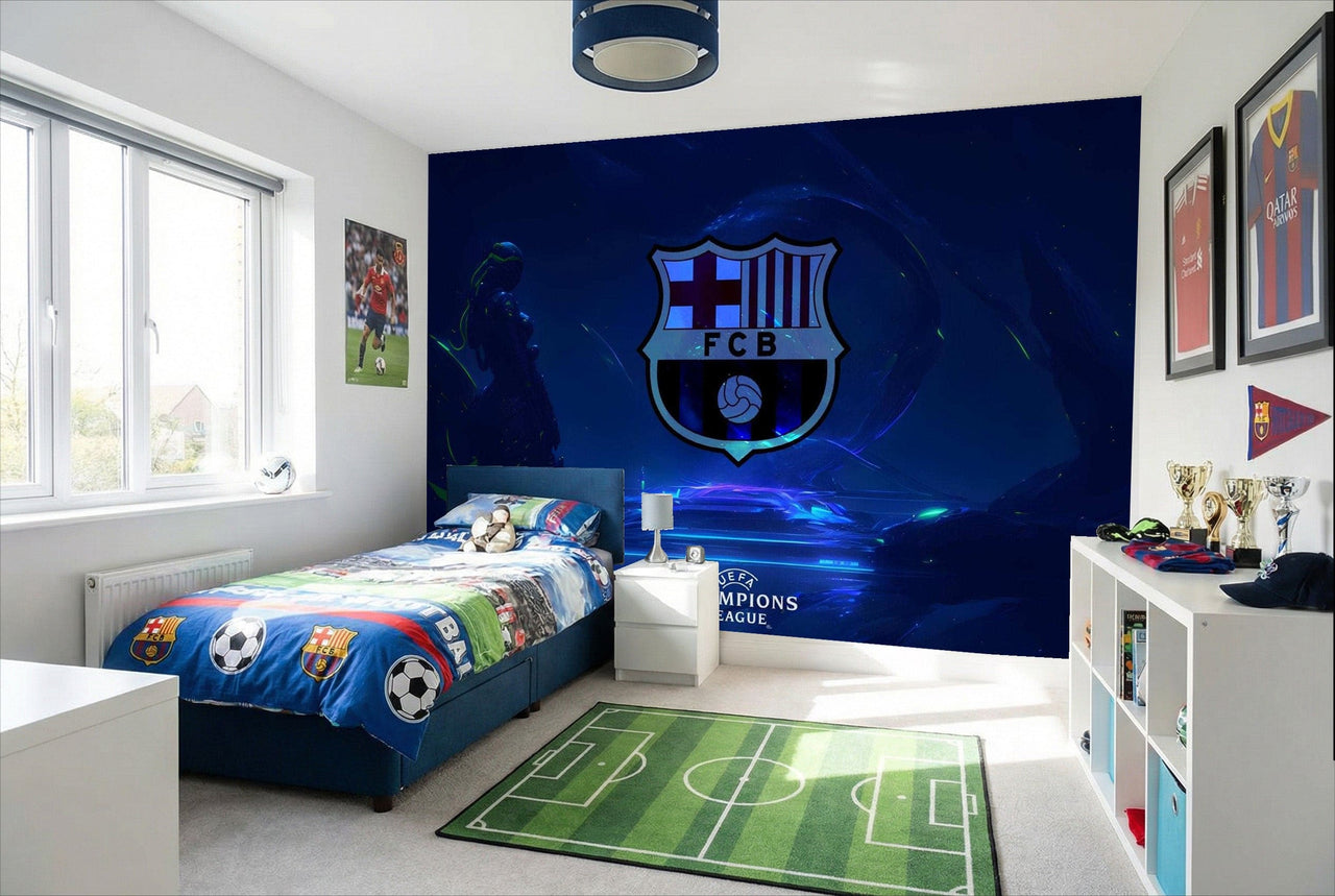 Papier peint fc barcelona bleu avec blason du club et logo champions league idéal pour fans sportifs
