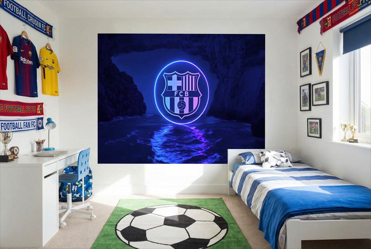Papier peint fc barcelona avec logo néon bleu violet sur fond sous-marin pour immersion totale sportive football