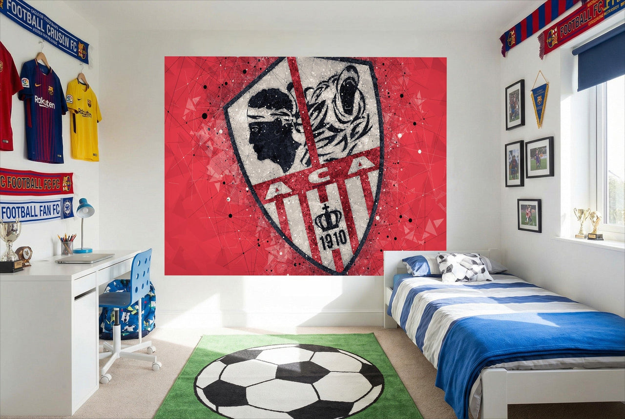 Murale papier peint foot ac ajaccio deco rouge blanc avec tigre noir et blanc et emblème profil 1910