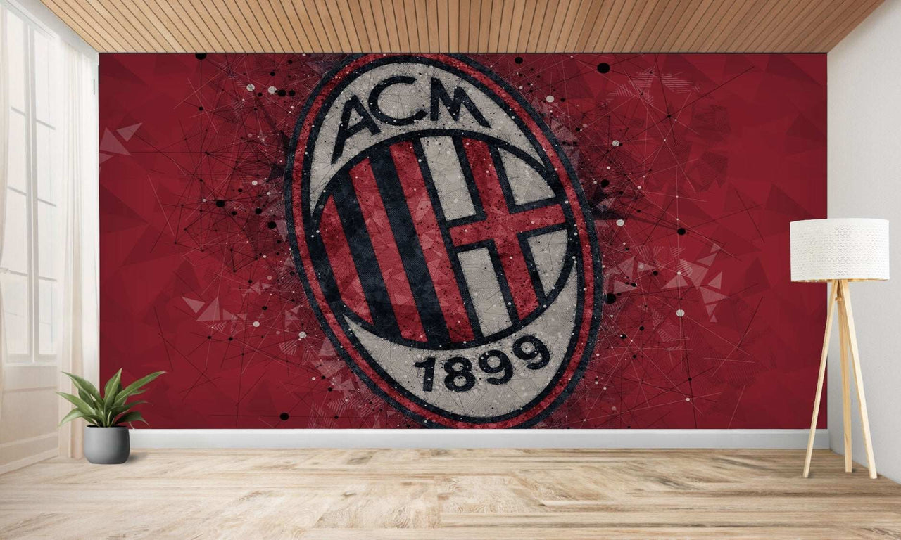 Une peinture murale rouge représentant le logo du club de football AC Milan avec un effet vieilli.