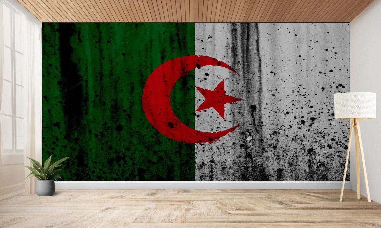 Une grande fresque murale représentant un drapeau algérien en relief.