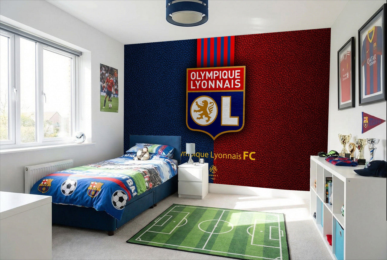 Papier peint football lyon logo tableau avec design rayé bleu rouge et écusson brodé doré sur bouclier