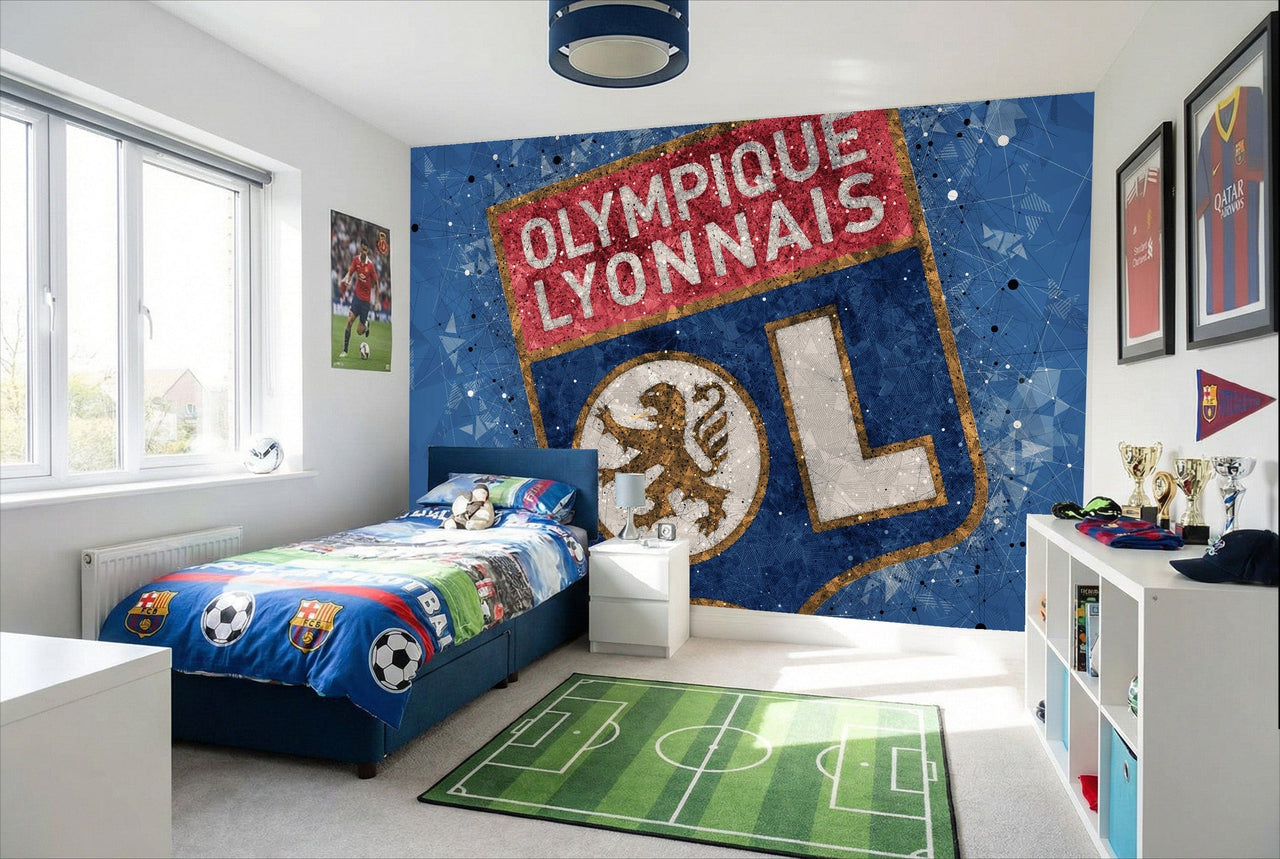 Papier peint olympique lyon bleu et blanc avec un emblème de lion pour décoration murale football olympique lyon tableau