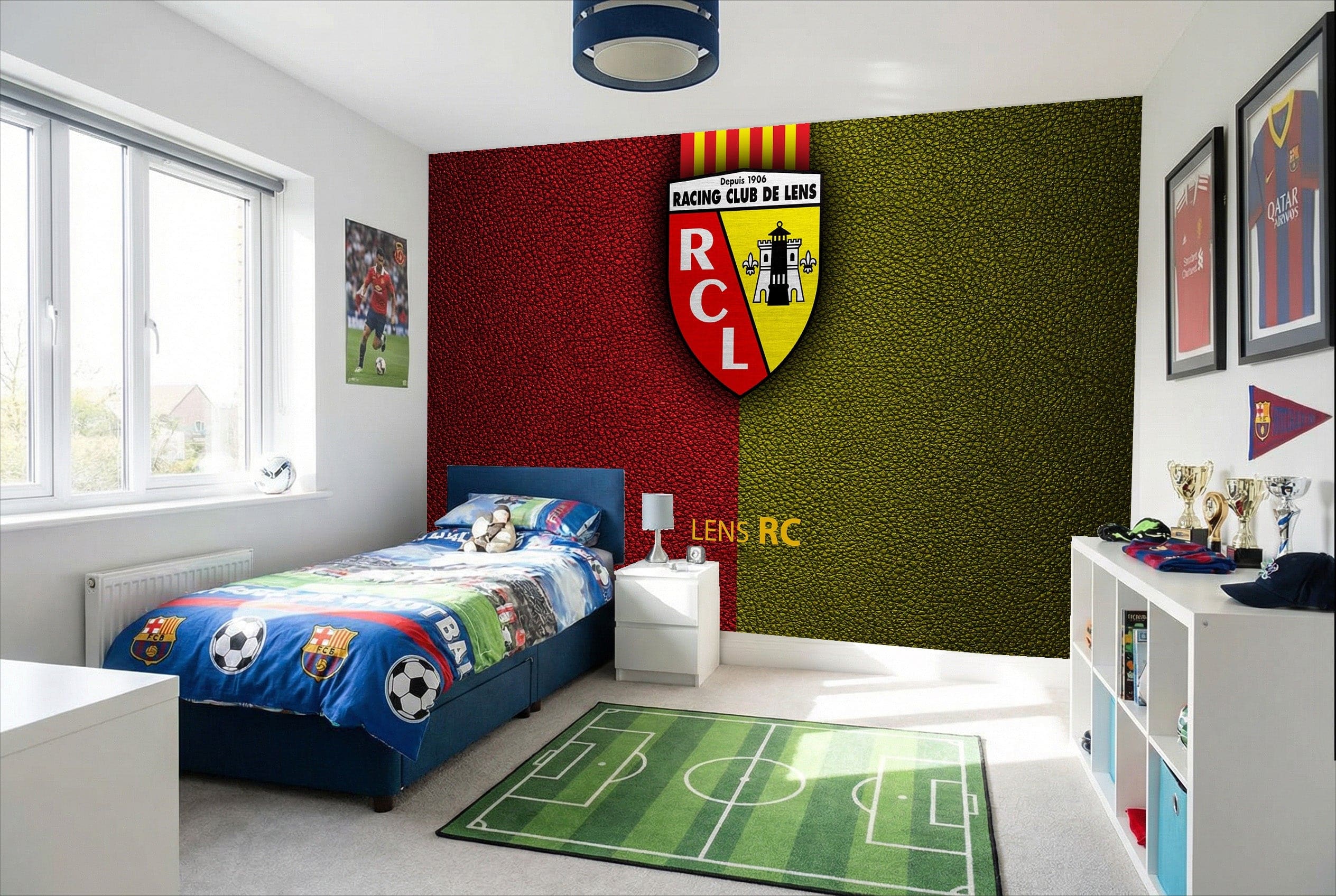 Papier peint football rc lens avec un tableau décoration mural texturé rouge et vert au blason du club de lens