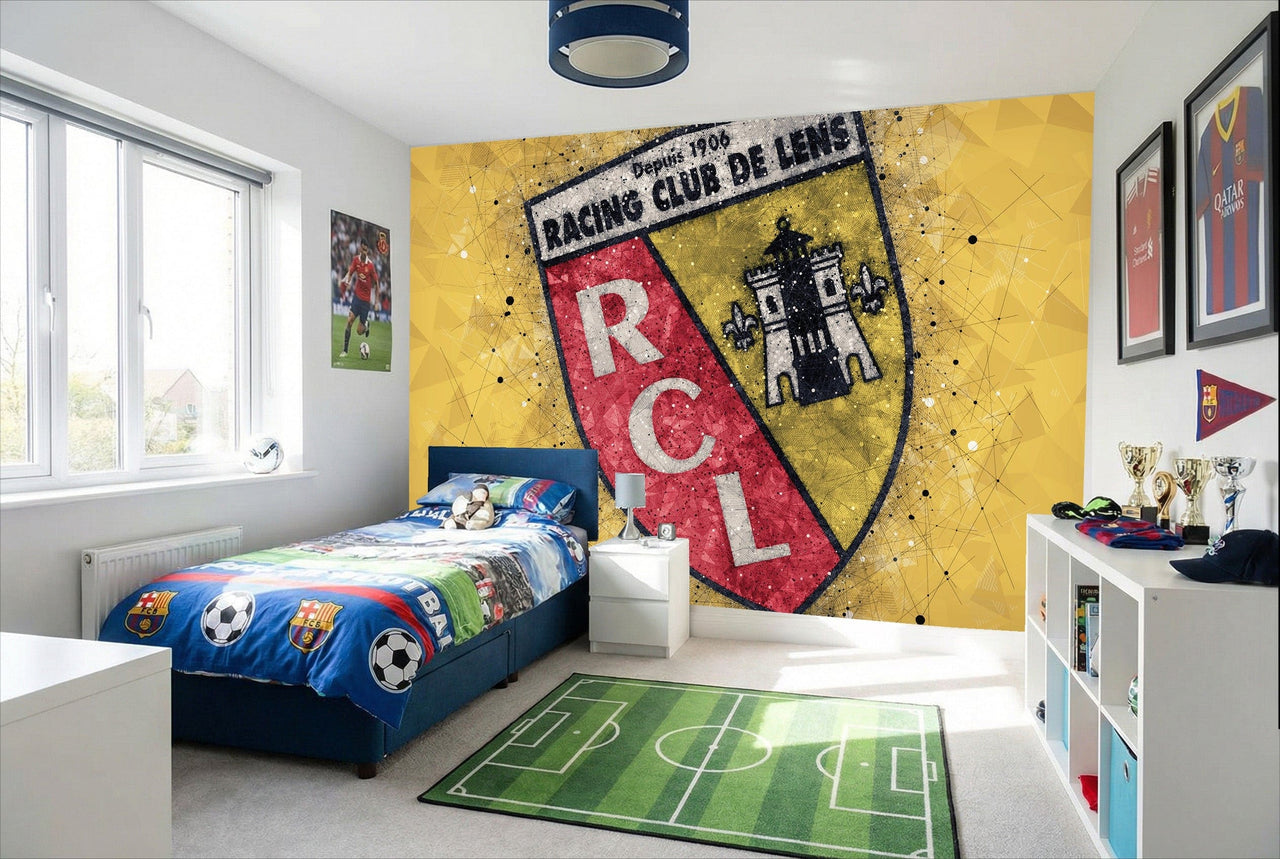 Papier peint football rc lens avec logo club en rouge et or et tour noir et blanc style tableau déco éclaboussures