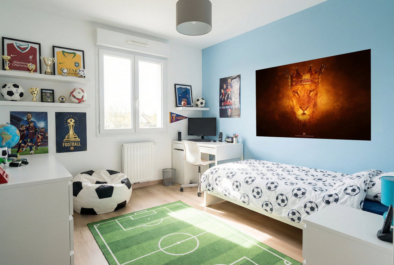 Fauteuil pouf en forme de ballon de football noir et blanc pour décoration papier peint galatasaray emblème lion football