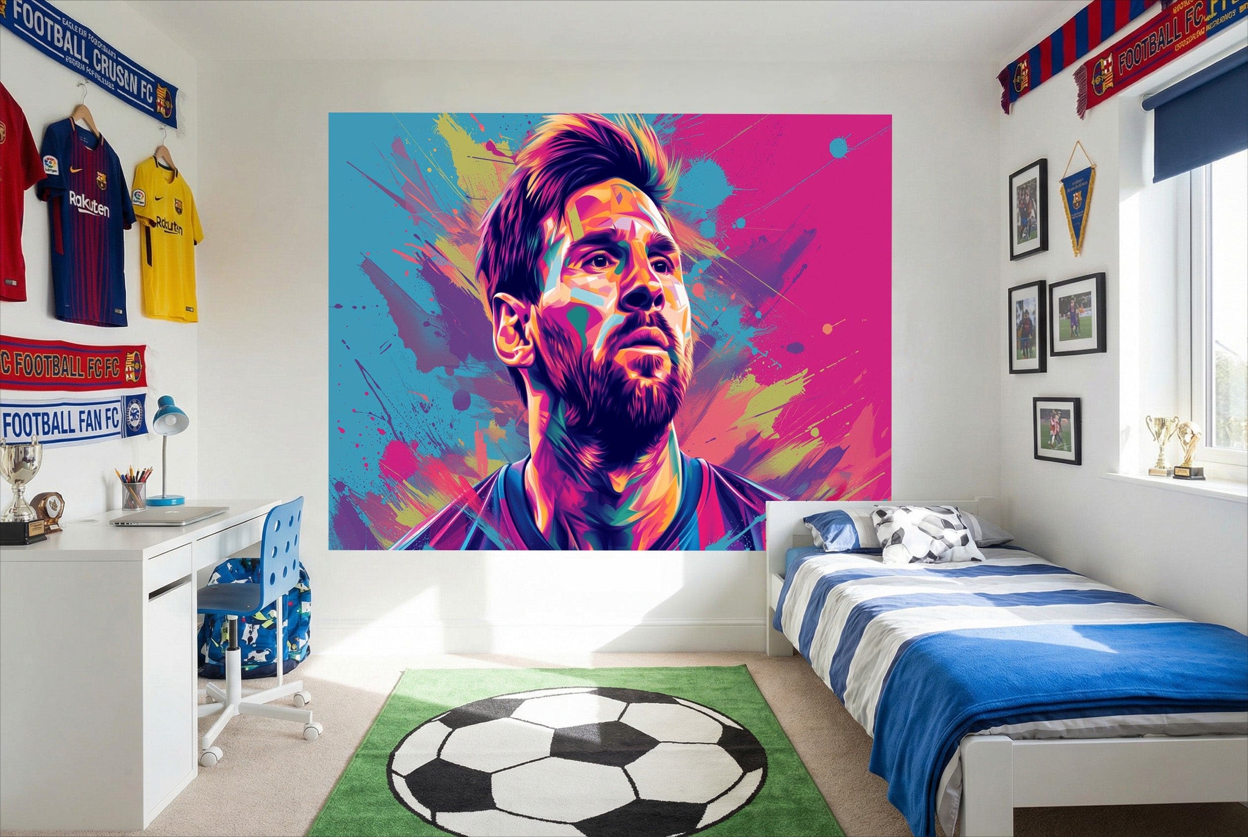 Papier peint lionel messi pop art vibrant avec fond éclaboussé coloré pour déco fan soccer et papier peint football