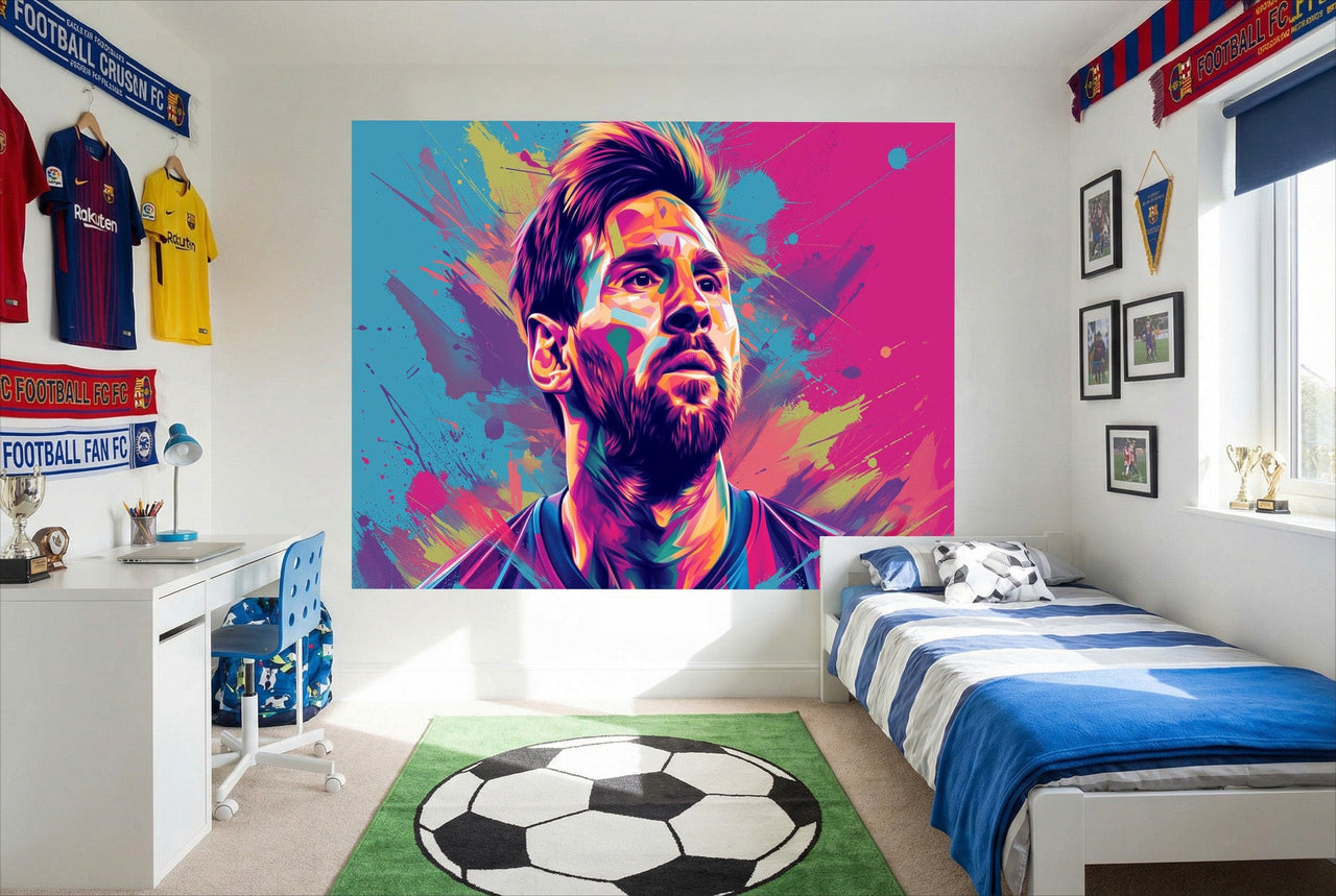 Papier peint lionel messi pop art vibrant avec fond éclaboussé coloré pour déco fan soccer et papier peint football