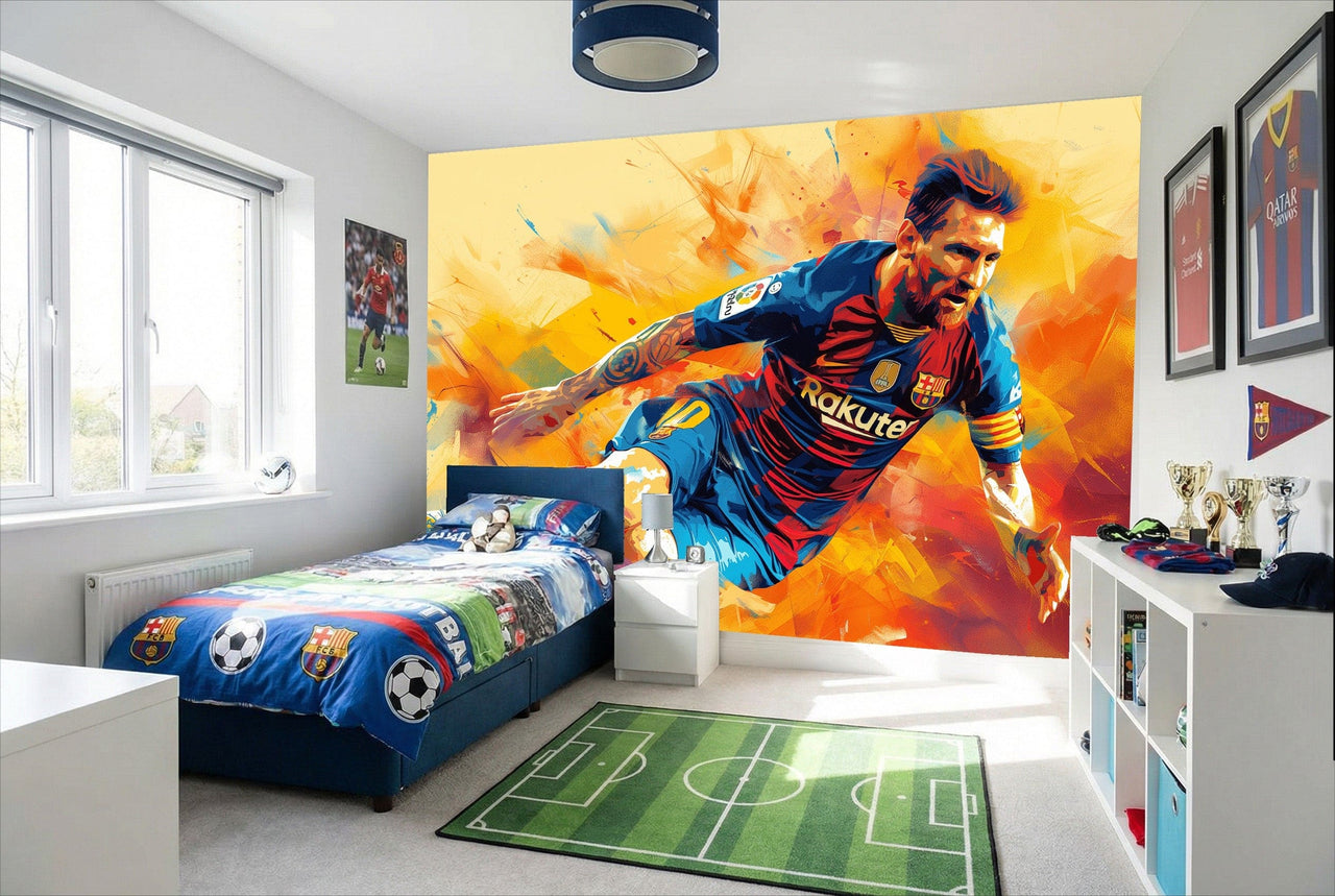 Papier peint lionel messi avec un mural dynamique d un joueur de football messi fc barcelona en action