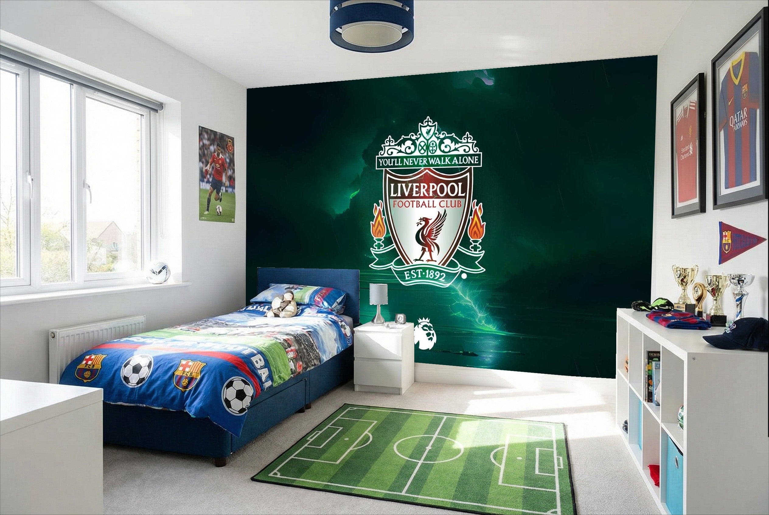 Papier peint liverpool avec fond vert et logo blanc pour déco fan sports et papier peint football mural