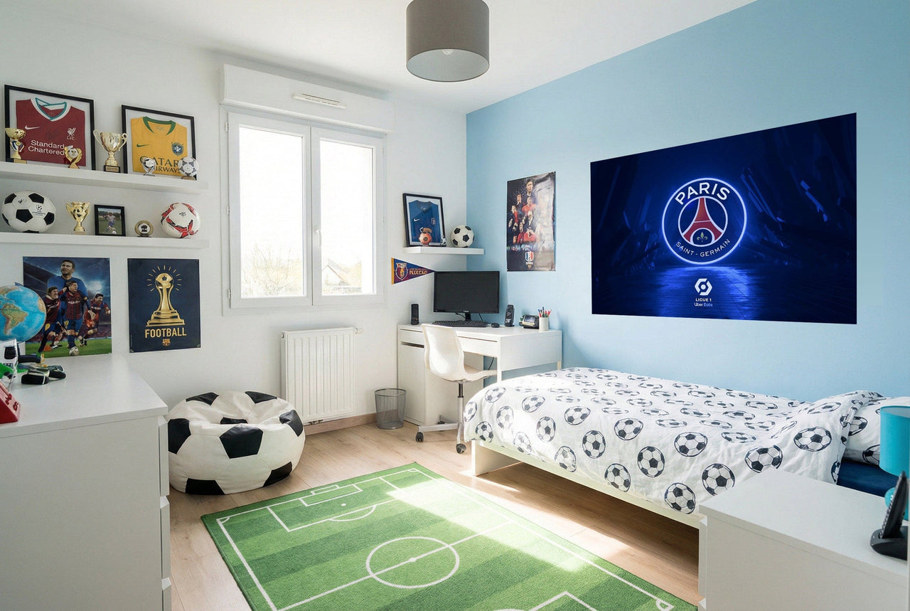 Papier peint psg sur écran mural bleu foncé pour déco passion foot et papier peint football fans paris saint-germain
