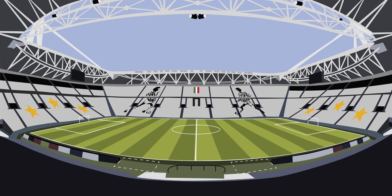 Terrain de football vert avec des lignes blanches et des poteaux de but, entouré d’une structure de toit de stade moderne.