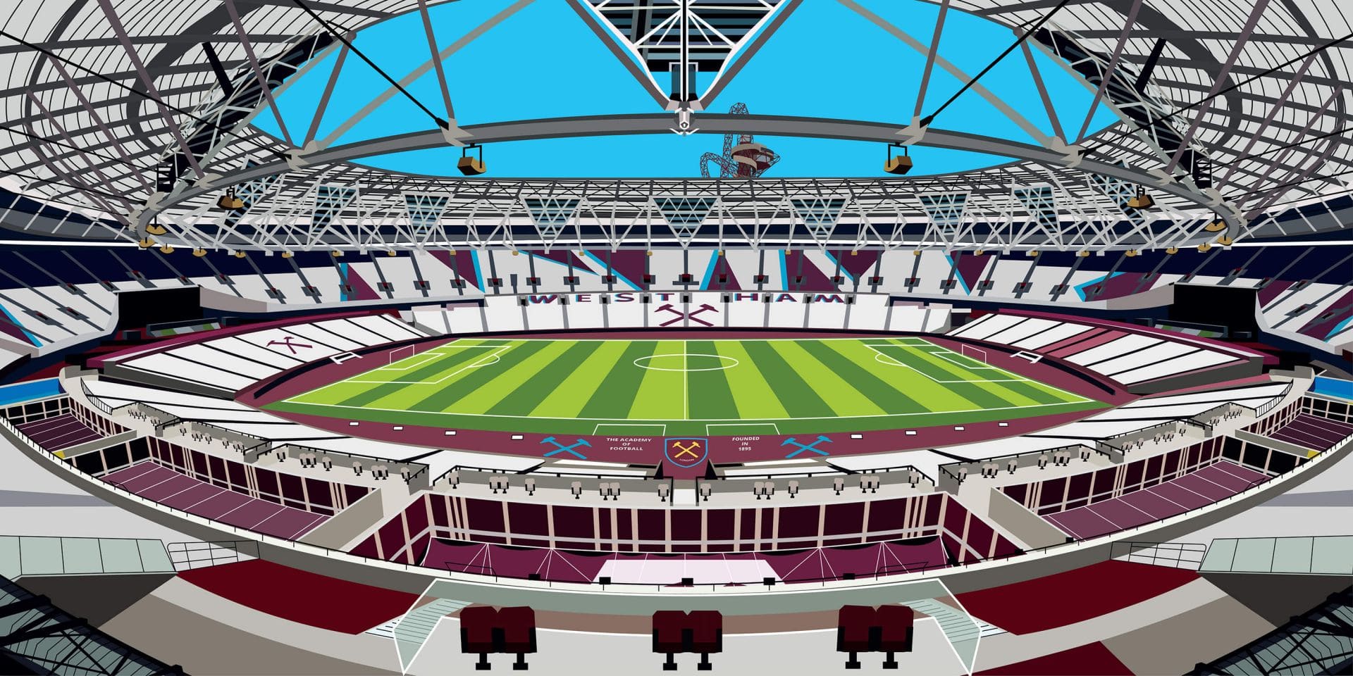 Terrain de football en herbe verte avec des rayures blanches, sièges rouges et bleus.