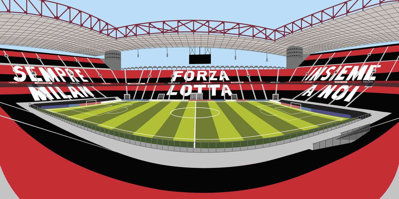 Stade de football rayé rouge et noir avec du texte blanc sur les sièges.