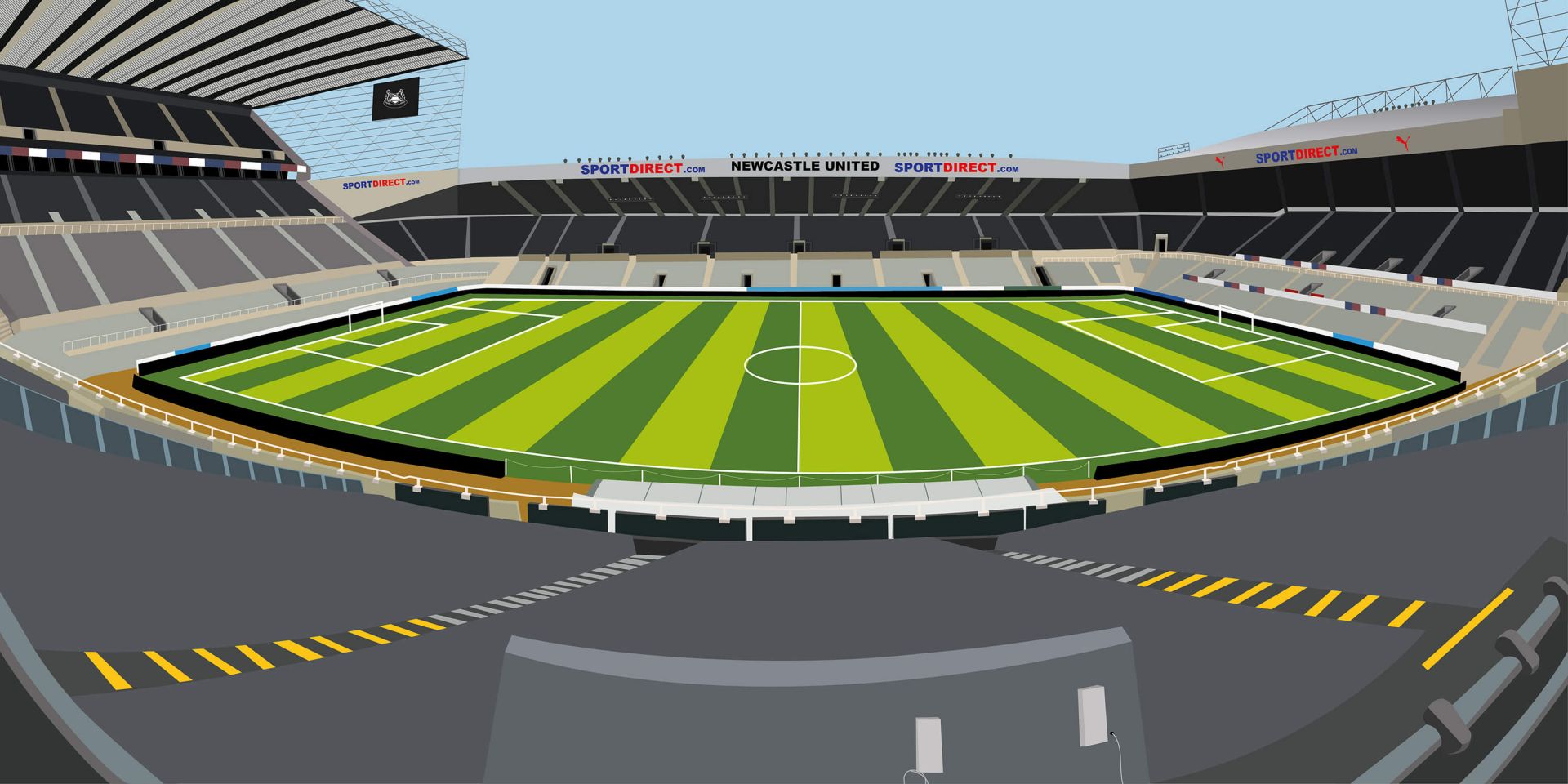 Terrain de football rayé noir et blanc avec un centre en herbe verte, entouré de sièges de stade vides.