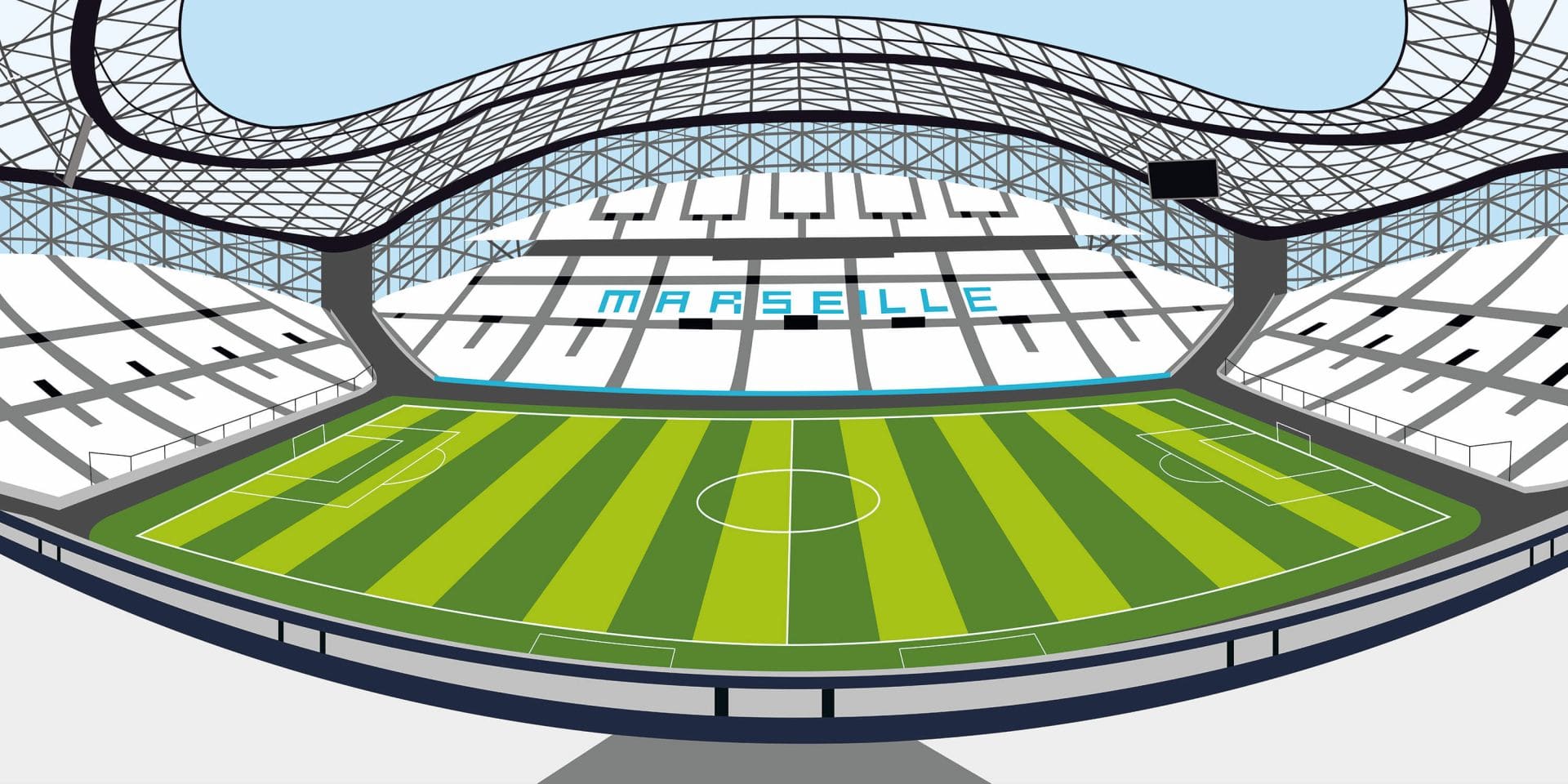 Terrain de football rayé vert et blanc avec gradins de stade.
