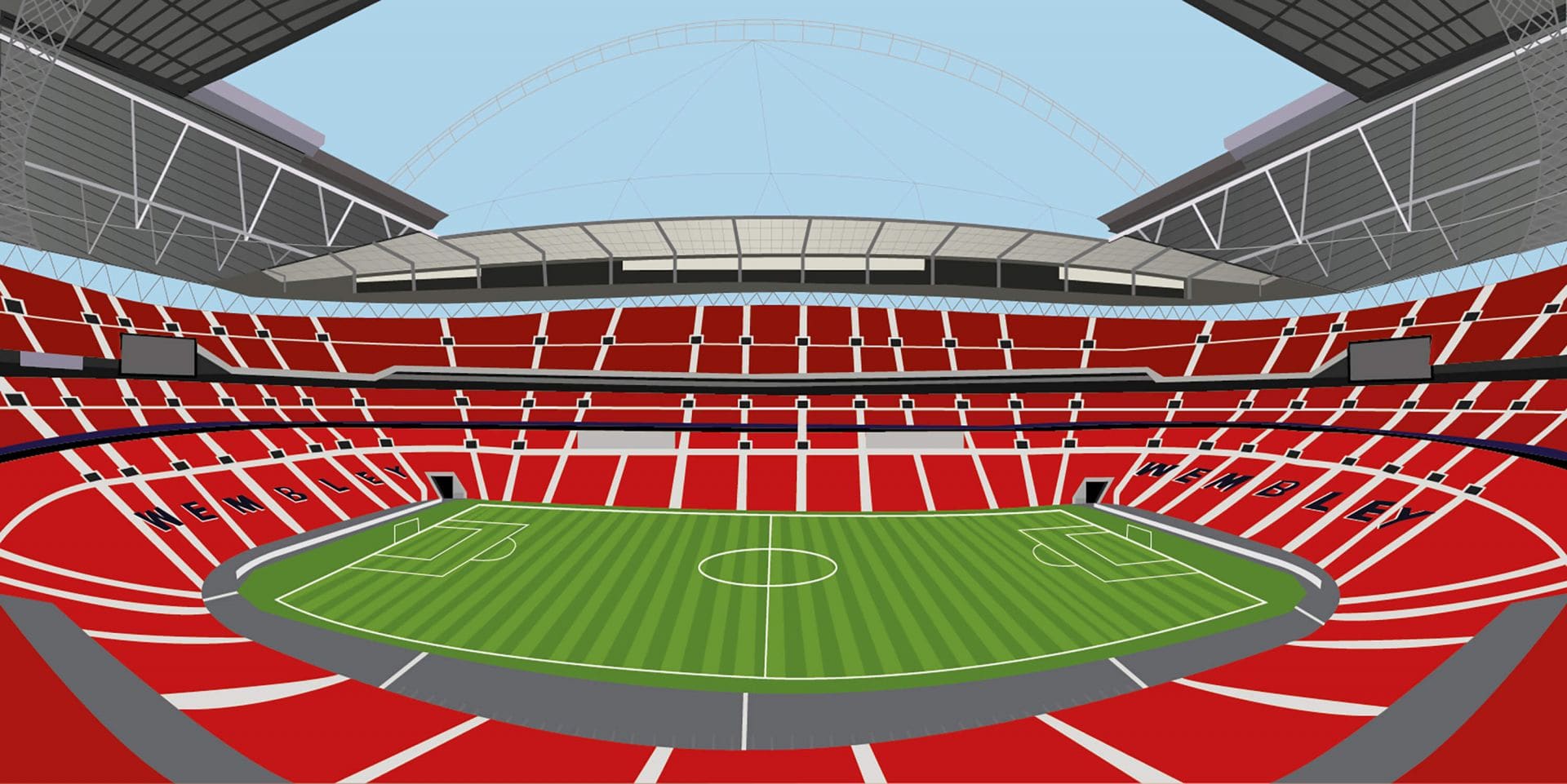 Stade de football rouge et vert avec des sièges blancs et un toit noir.