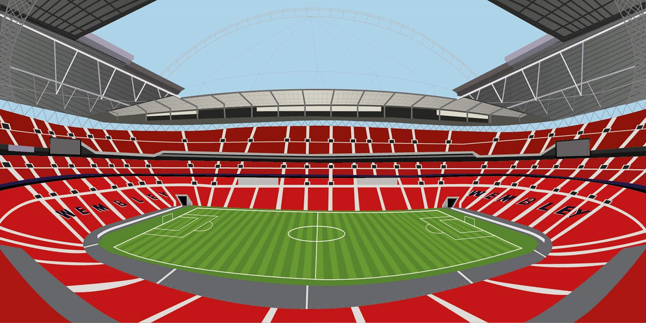 Stade de football rouge et vert avec des sièges blancs et un toit noir.