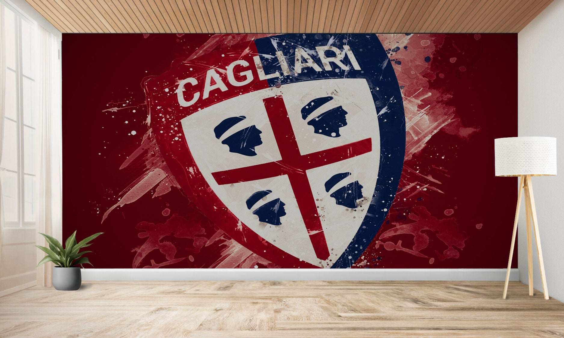 Murale représentant l’écusson du club de football de Cagliari avec un effet peint et vieilli.