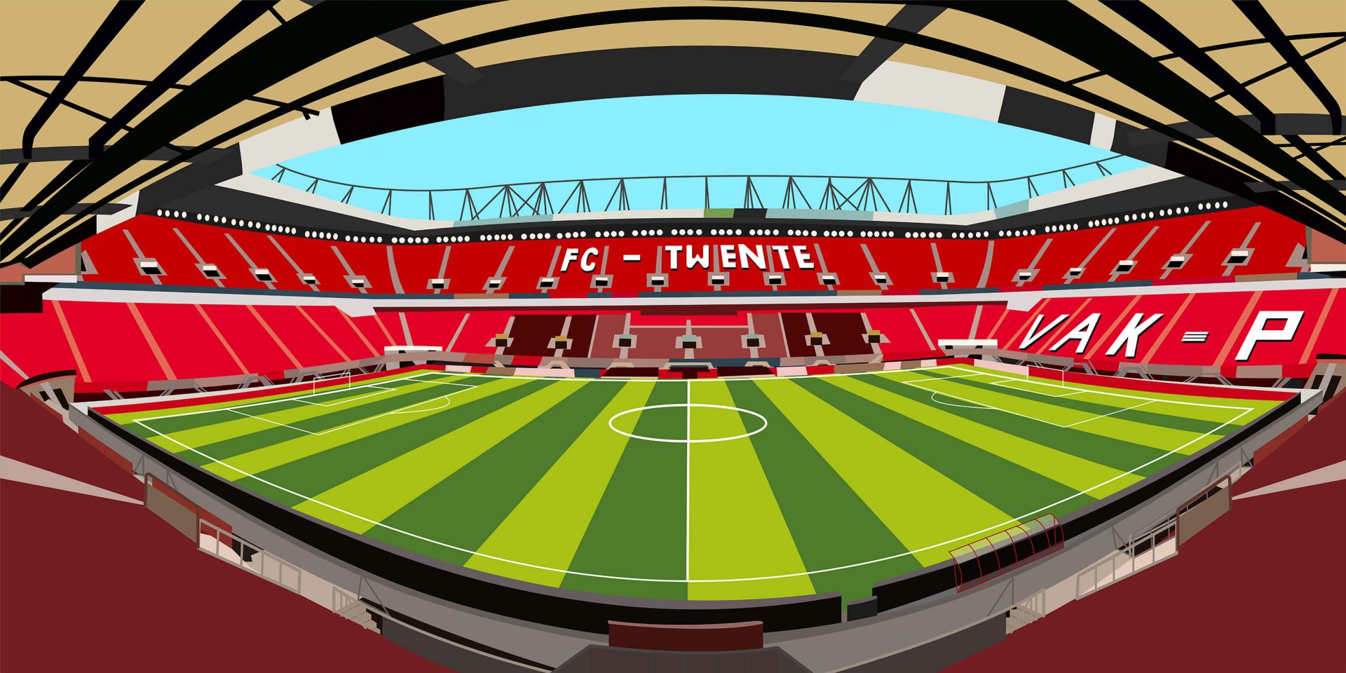Terrain de football rayé rouge et vert avec l’inscription blanche « fc twente » sur le terrain.