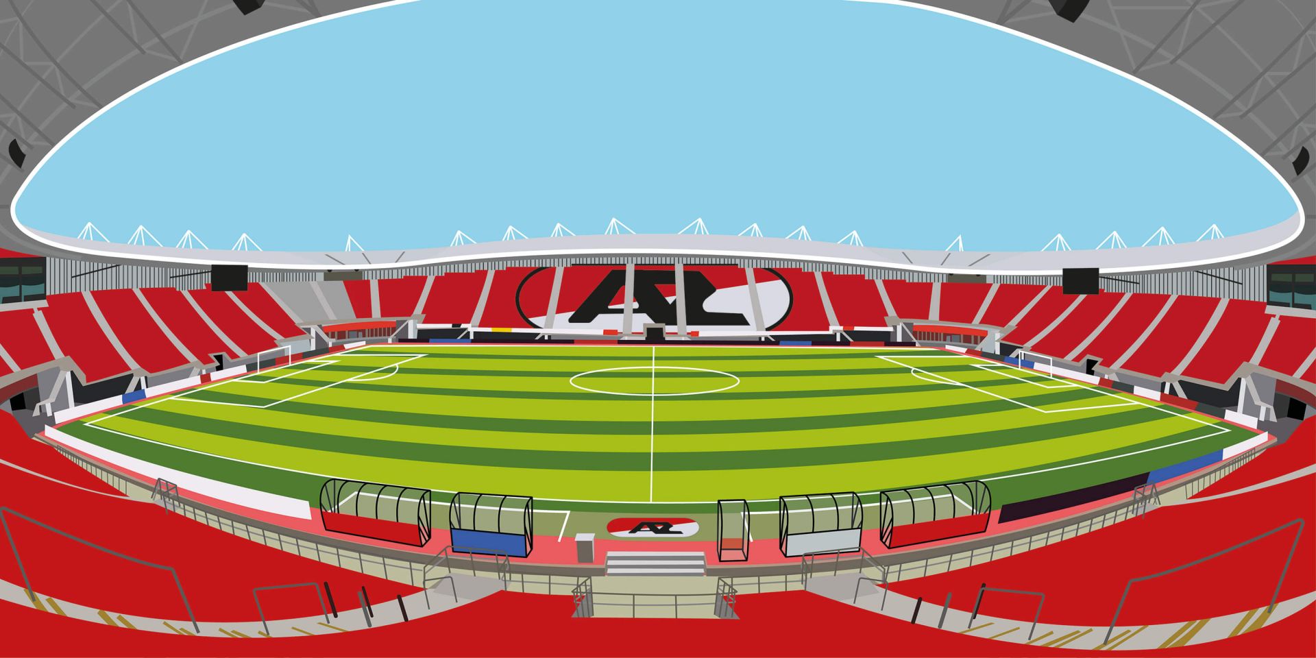 Stade de football rouge et vert avec toit blanc, sièges et design de terrain.