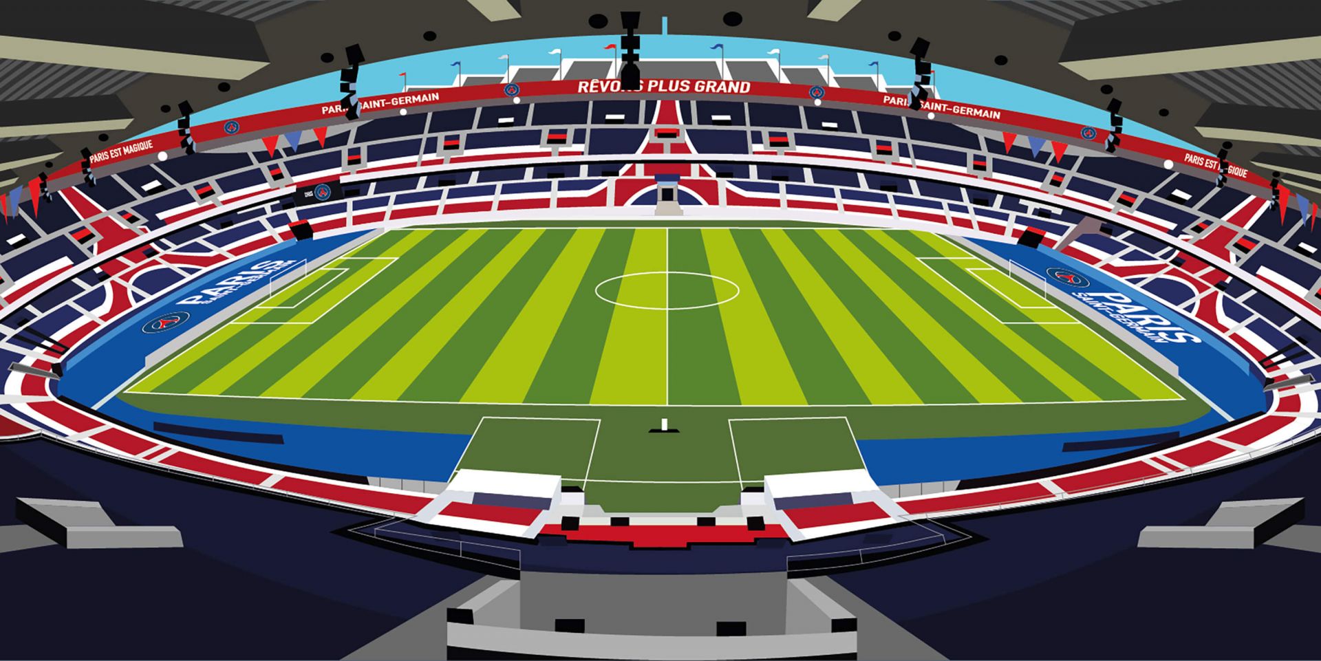Terrain de football vert avec des rayures blanches et une bordure rouge, logo du Paris Saint-Germain sur les tribunes.