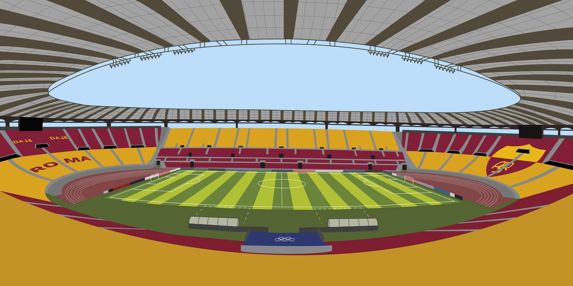 Stade olympique avec gazon vert et jaune, sièges rouges, toit blanc.