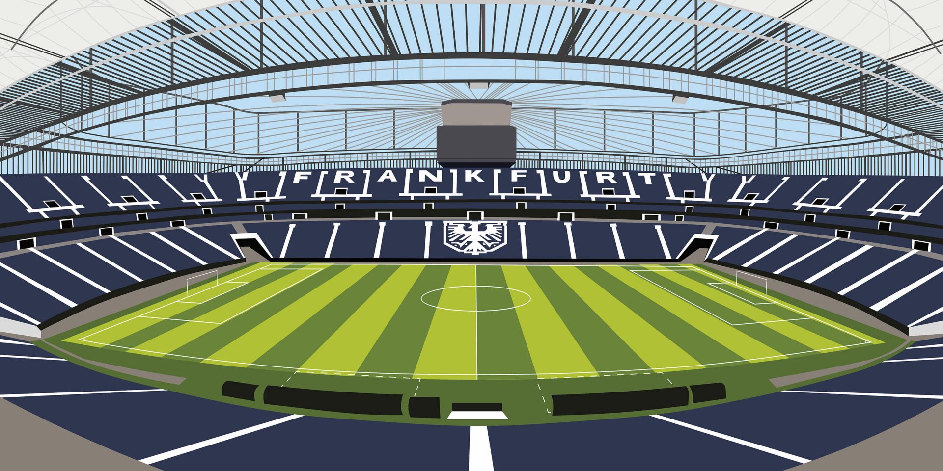 Terrain de football rayé vert et blanc avec des sièges bleus dans un design de stade.