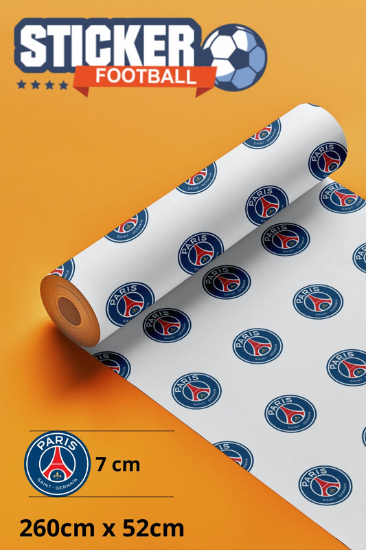 Rouleau de film adhésif blanc avec répétition des logos du Paris Saint-Germain.