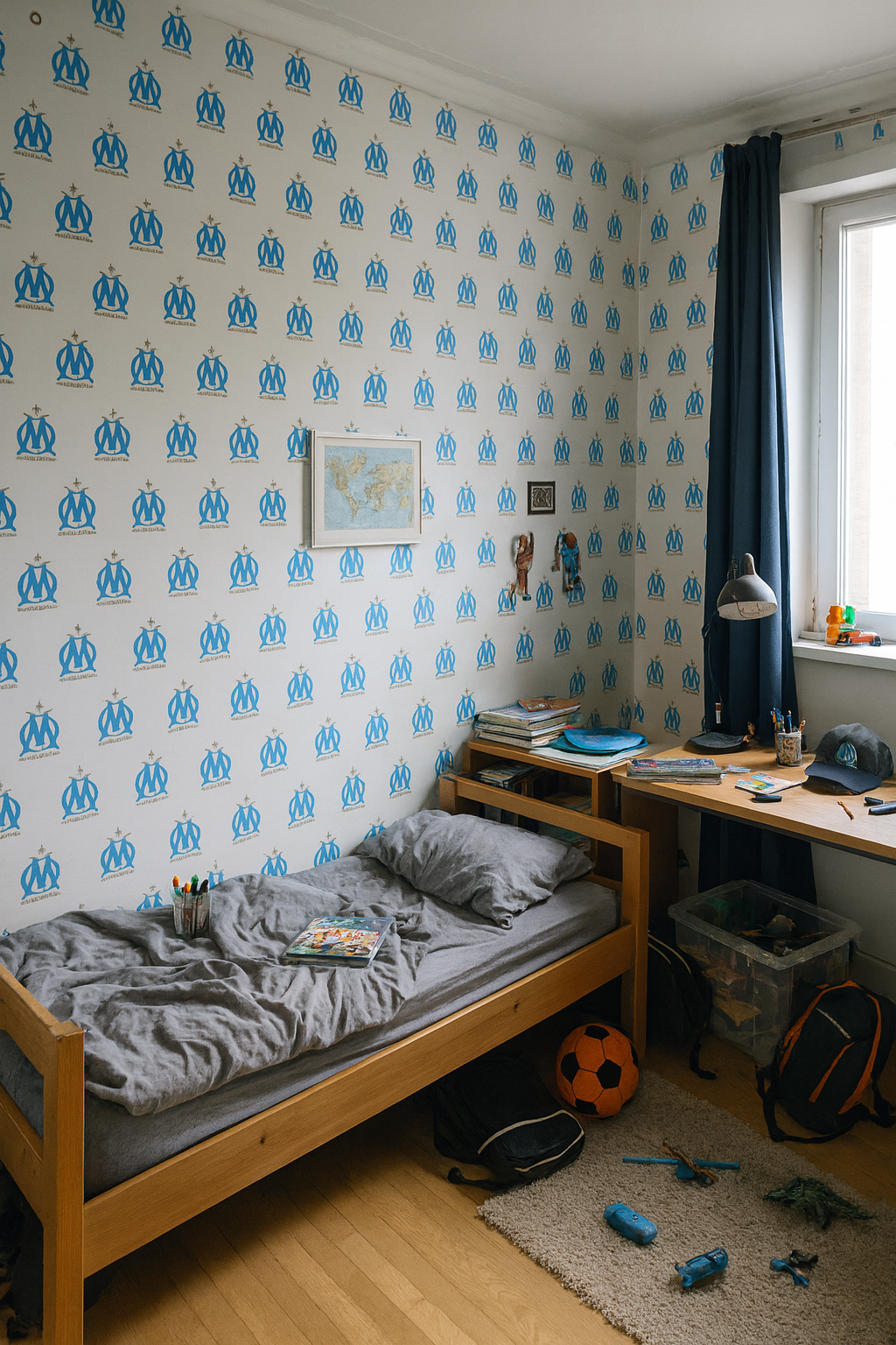 Une chambre d’enfant avec un papier peint à motifs bleu clair et blanc, un lit en bois avec une literie grise, un bureau en bois avec une lampe, et une fenêtre avec un rideau bleu.