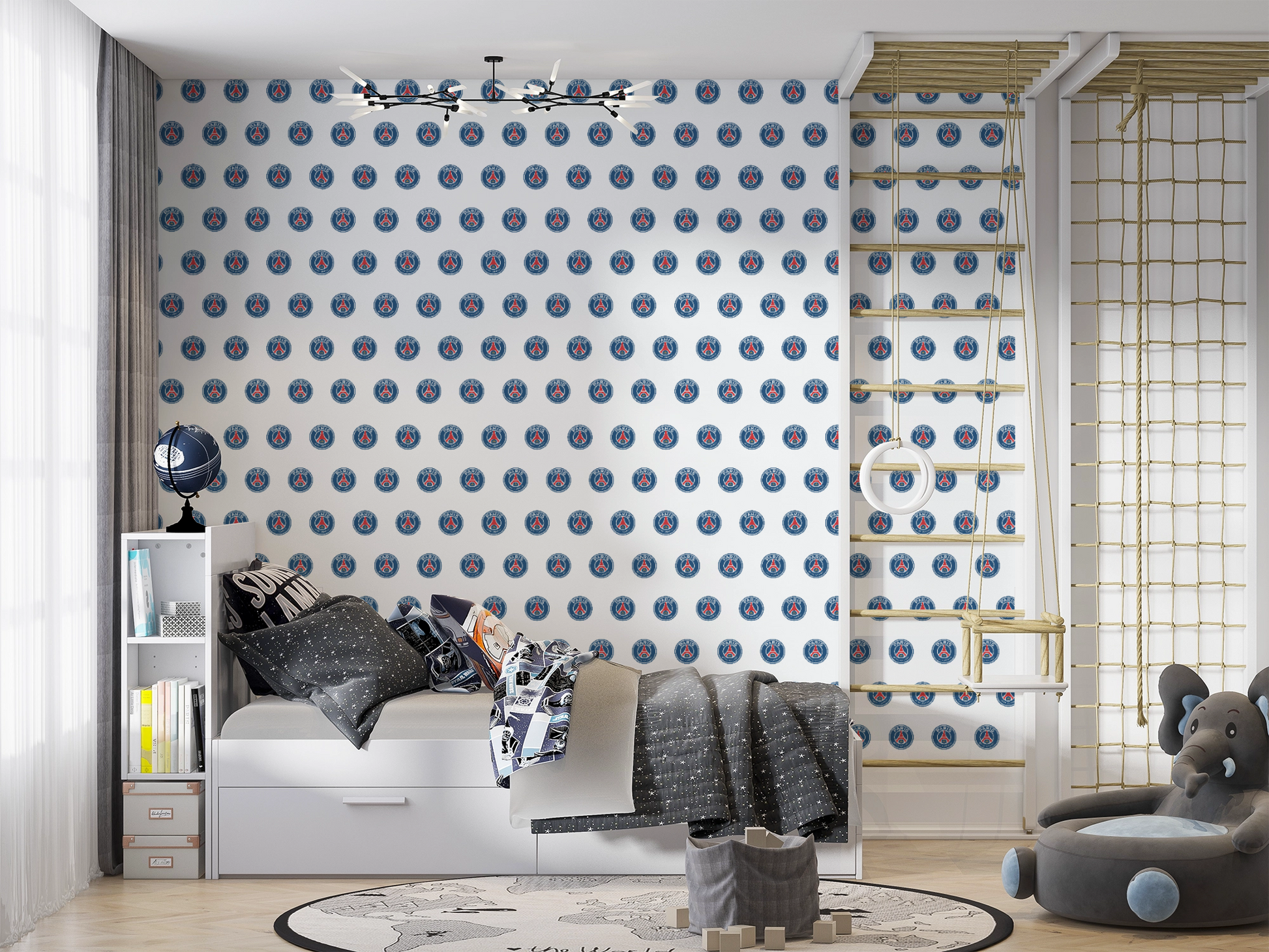 Une chambre d’enfant avec un lit simple et une aire de jeux.