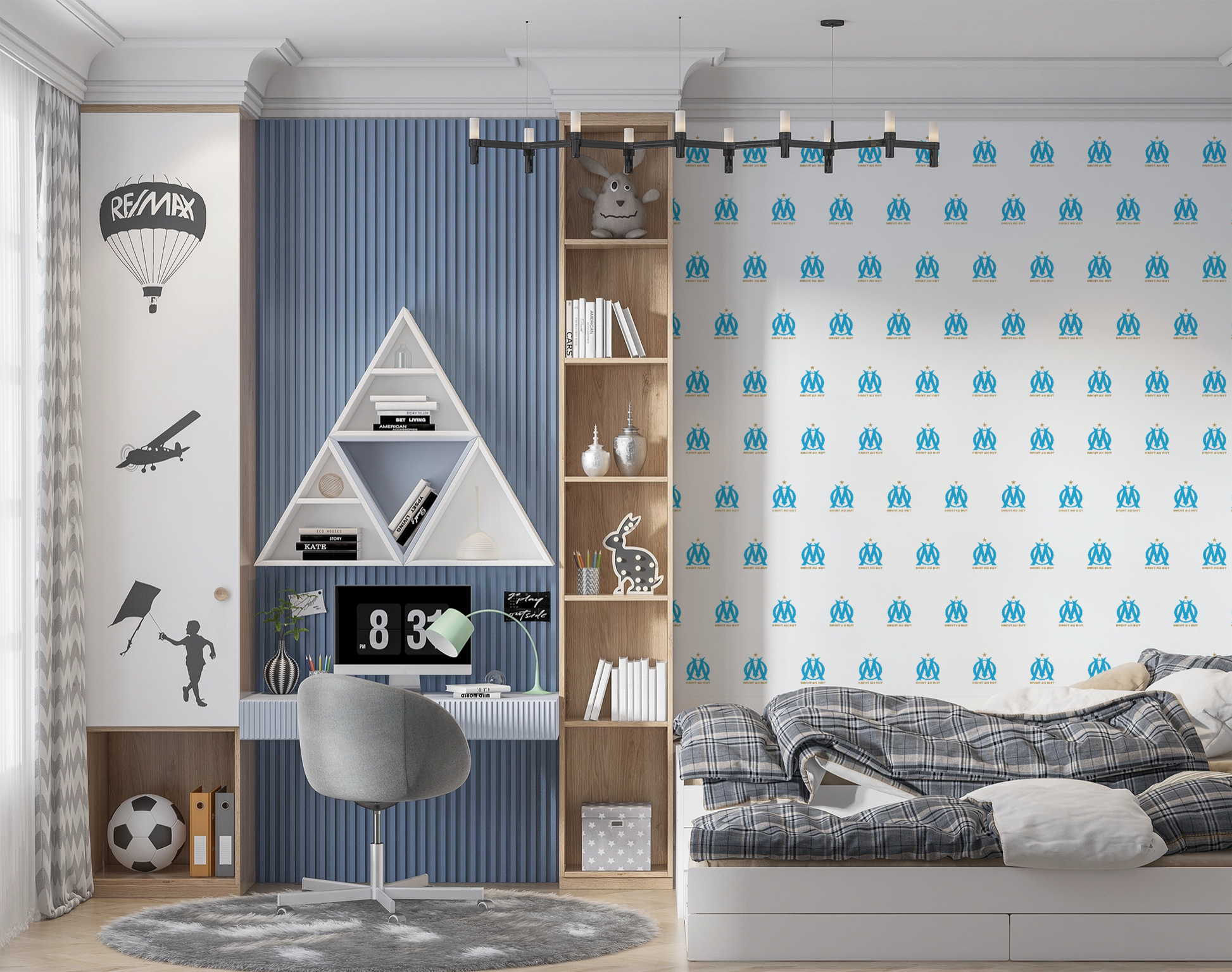 Une chambre d’enfant moderne avec un bureau, un lit et divers éléments décoratifs.