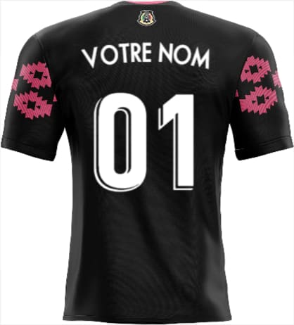 Maillot football mexique noir avec patches roses géométriques et numéro blanc 01 personnalisable adhésif maillot football