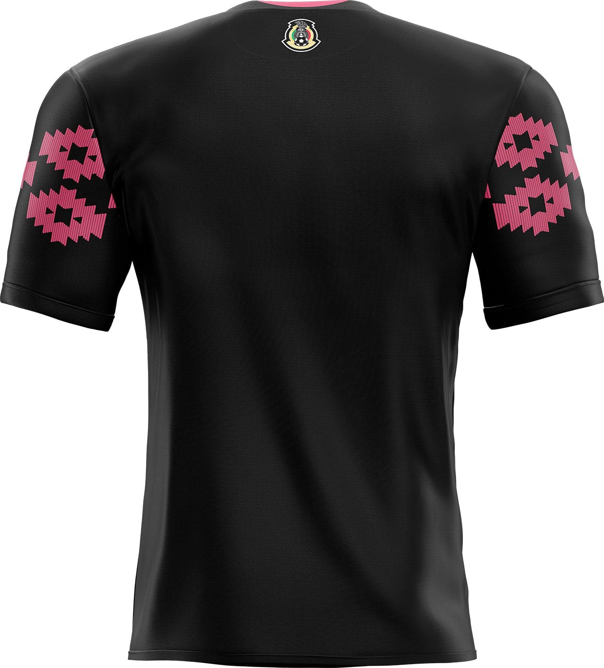 Maillot football mexique noir à manches courtes avec motifs géométriques roses vif et adhésif maillot football au col