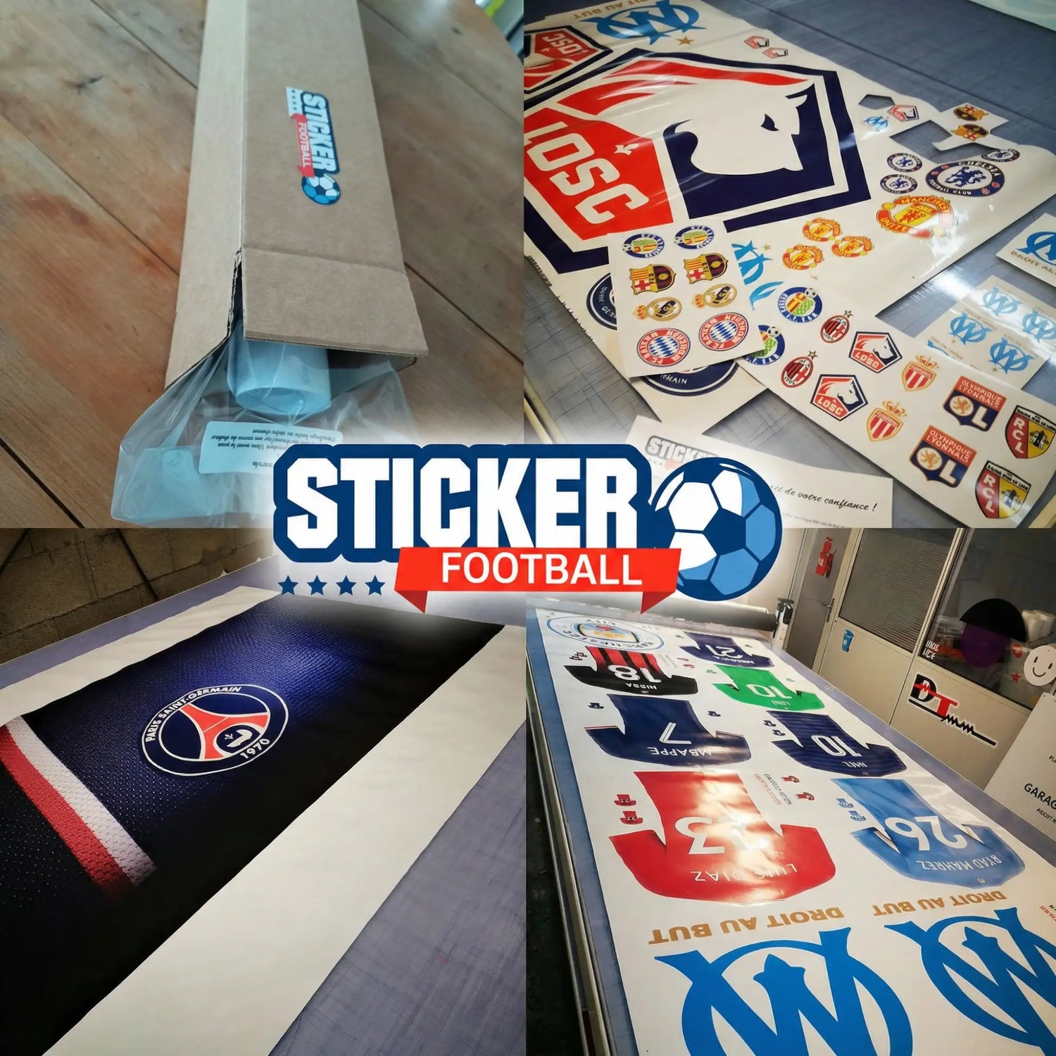 Une collection d'autocollants d'équipes de football mettant en vedette divers logos et designs de clubs en couleurs vives comme le rouge, le bleu, le blanc, le vert et l'or.