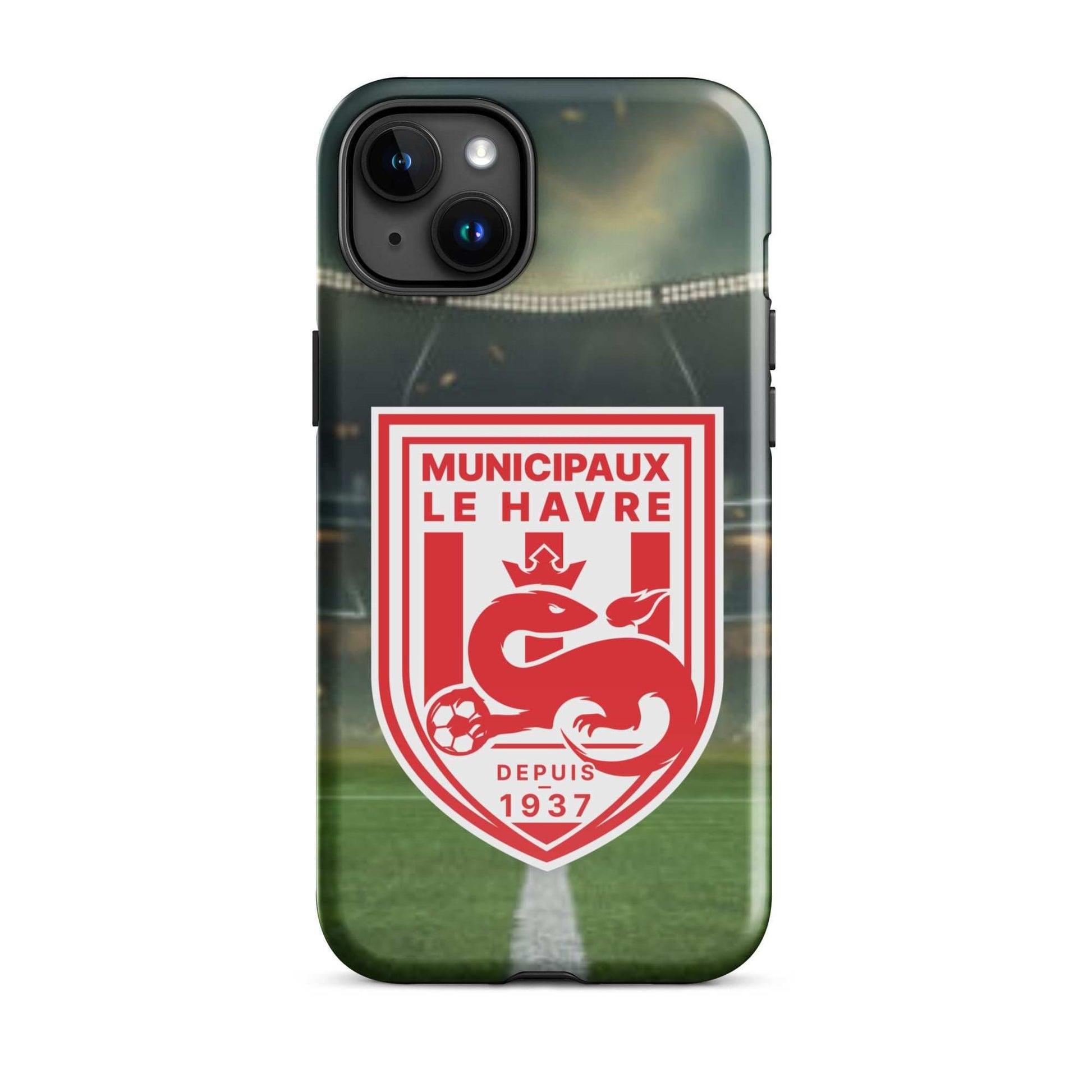Smartphone avec un étui sur le thème du club de football.