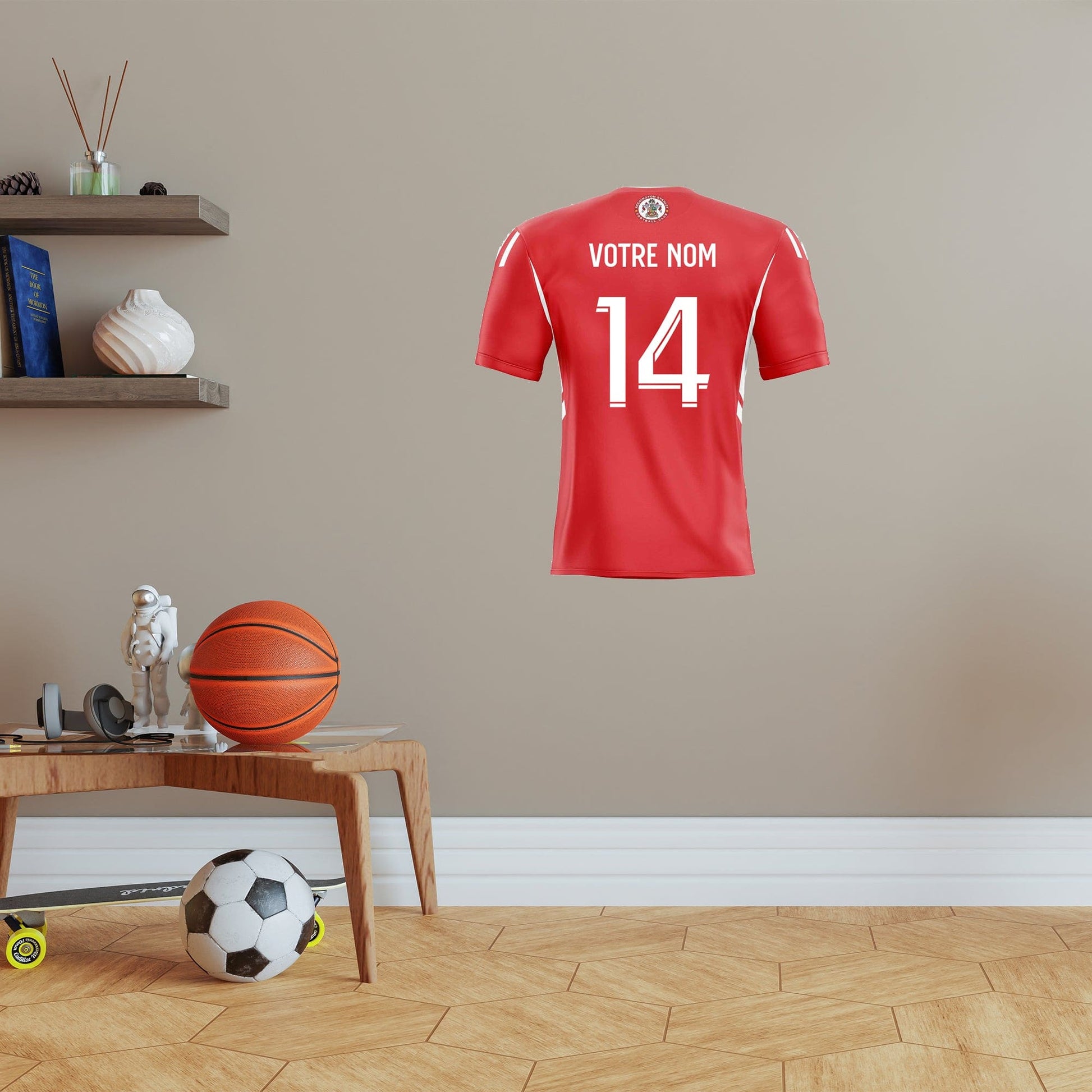 Vue arrière d’un sticker foot de maillot rouge numéro 14 personnalisé avec votre nom pour déco sticker foot 2023 accrington