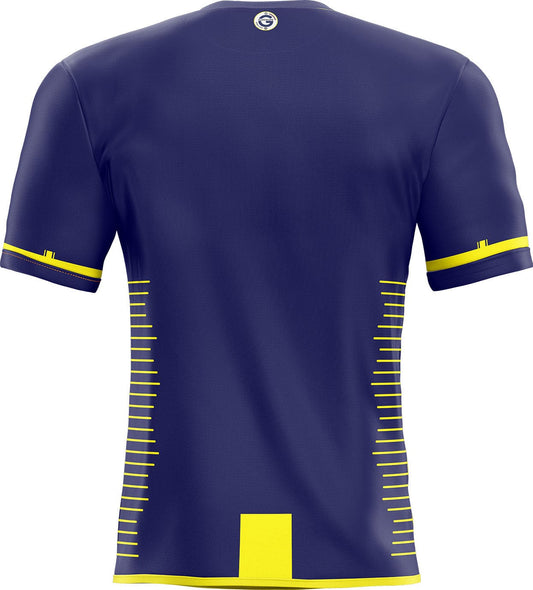 Maillot guadeloupe foot bleu marine avec trim jaune vif et lignes verticales sticker maillot guadeloupe adhésif maillot guadeloupe