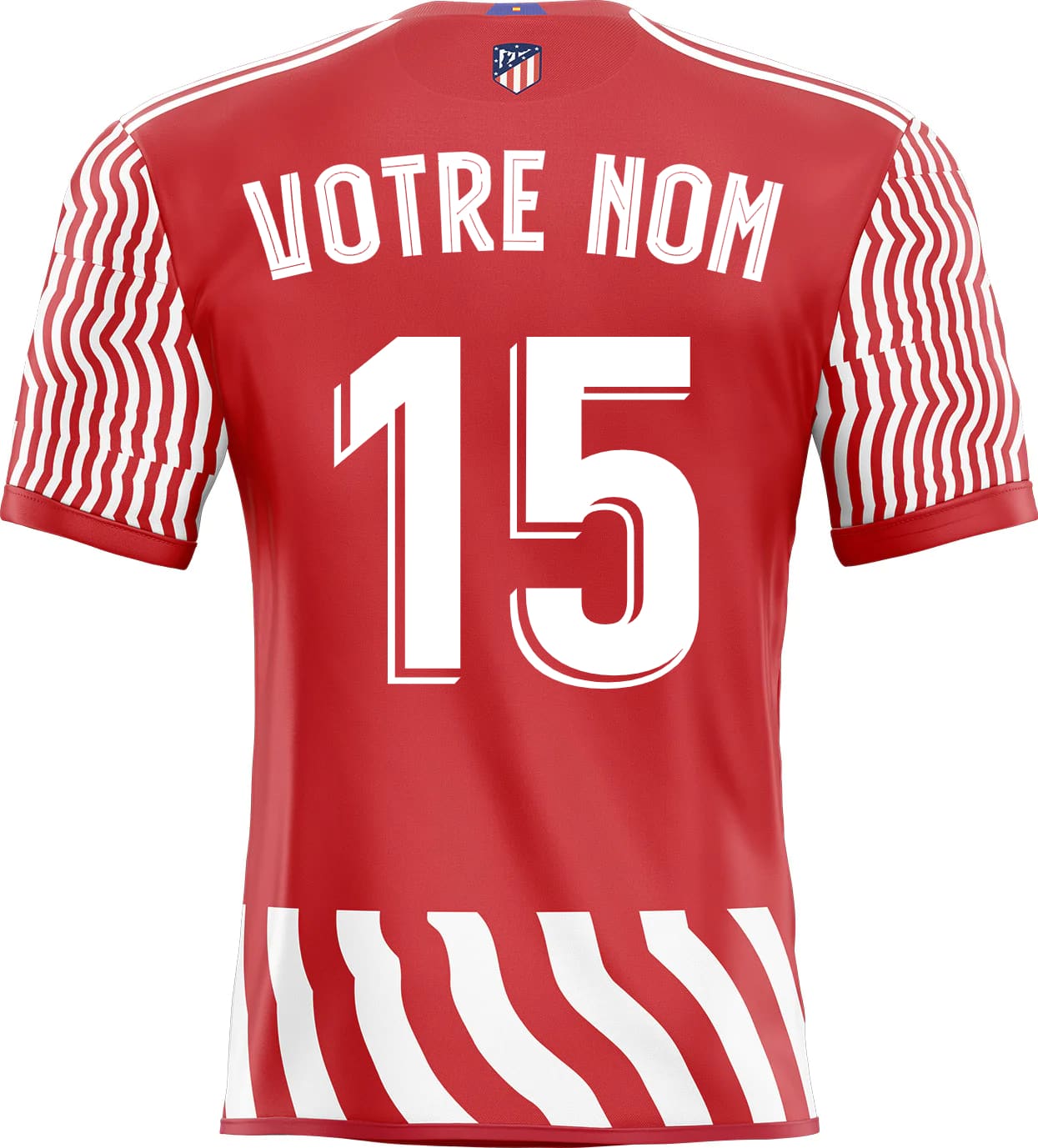 Déco sticker maillot de l’atletico madrid rouge avec rayures blanches et personnalisation votre nom numéro 15 au dos