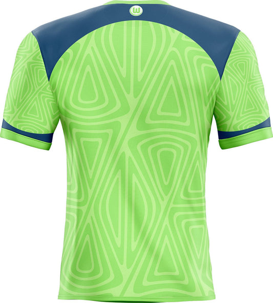 Déco sticker wolfsburg maillot football vert lime vif et bleu marine avec motif géométrique pour maillot wolfsburg