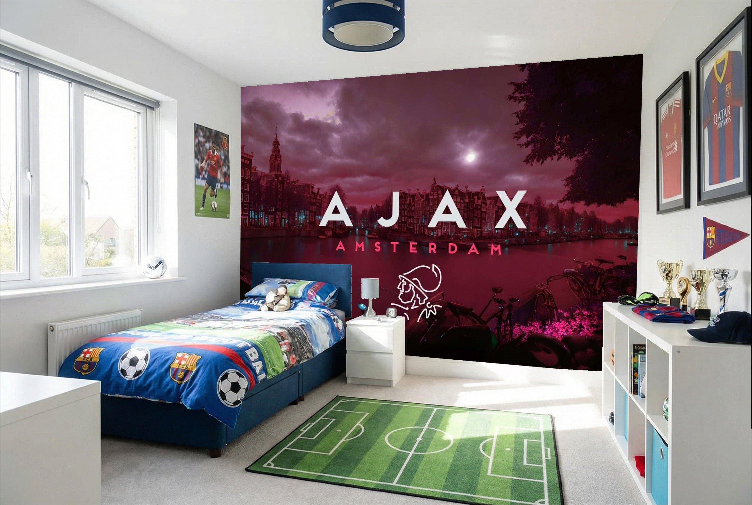 Papier peint ajax amsterdam avec fresque urbaine dramatique en violet et logo lumineux pour passion football
