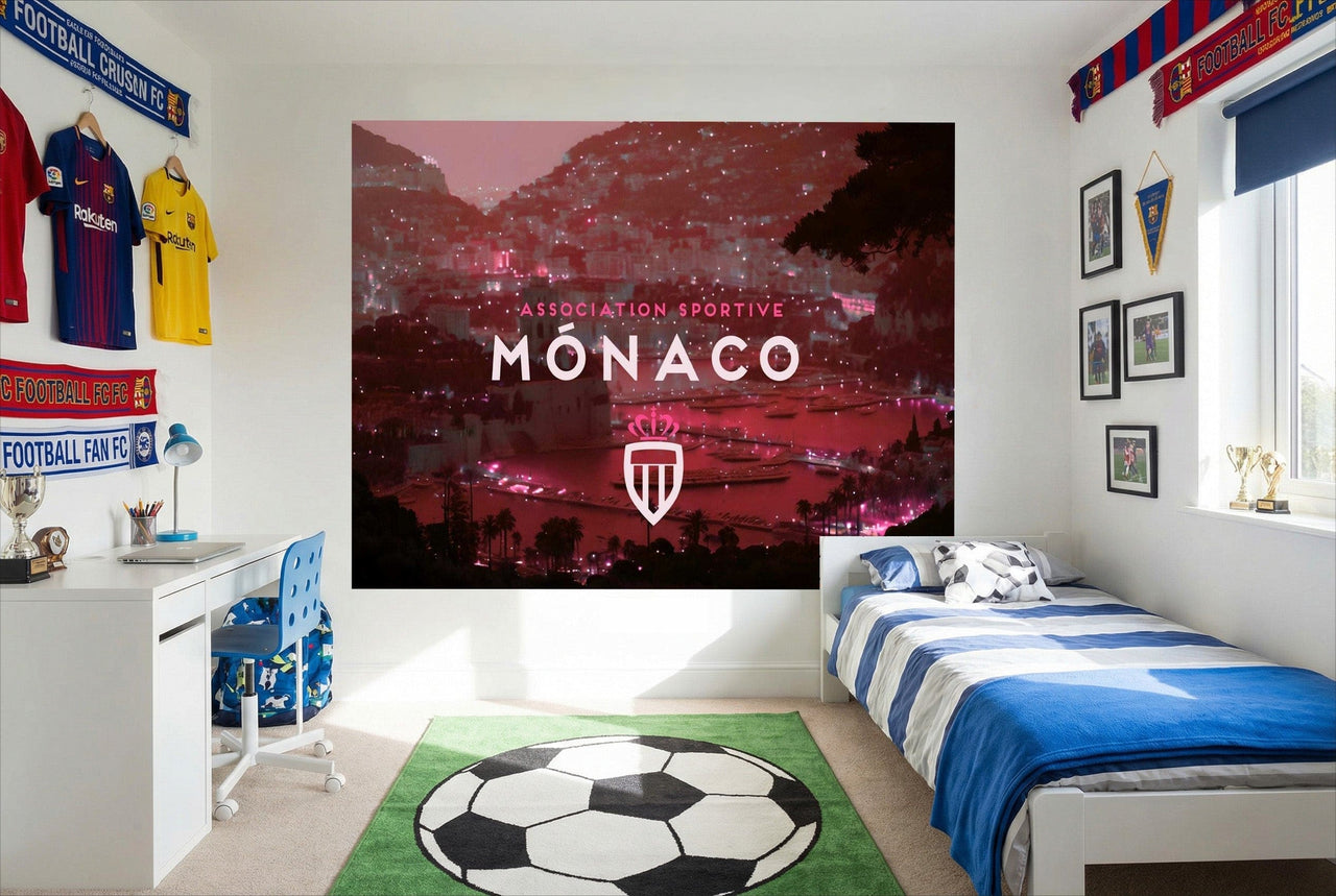 Papier peint football vibrant rose et noir avec logo as monaco pour déco fans de foot